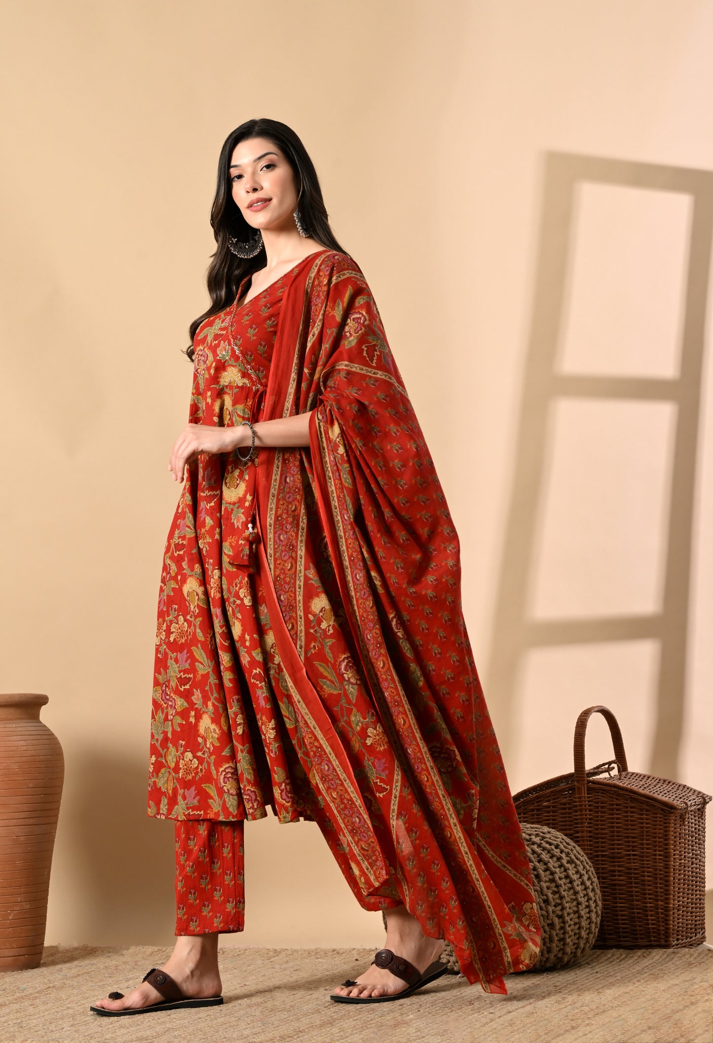 Angrakha Style Anarkali 12-Kali Kurta Set with Dupatta | Handcrafted with Elegant Badla Work