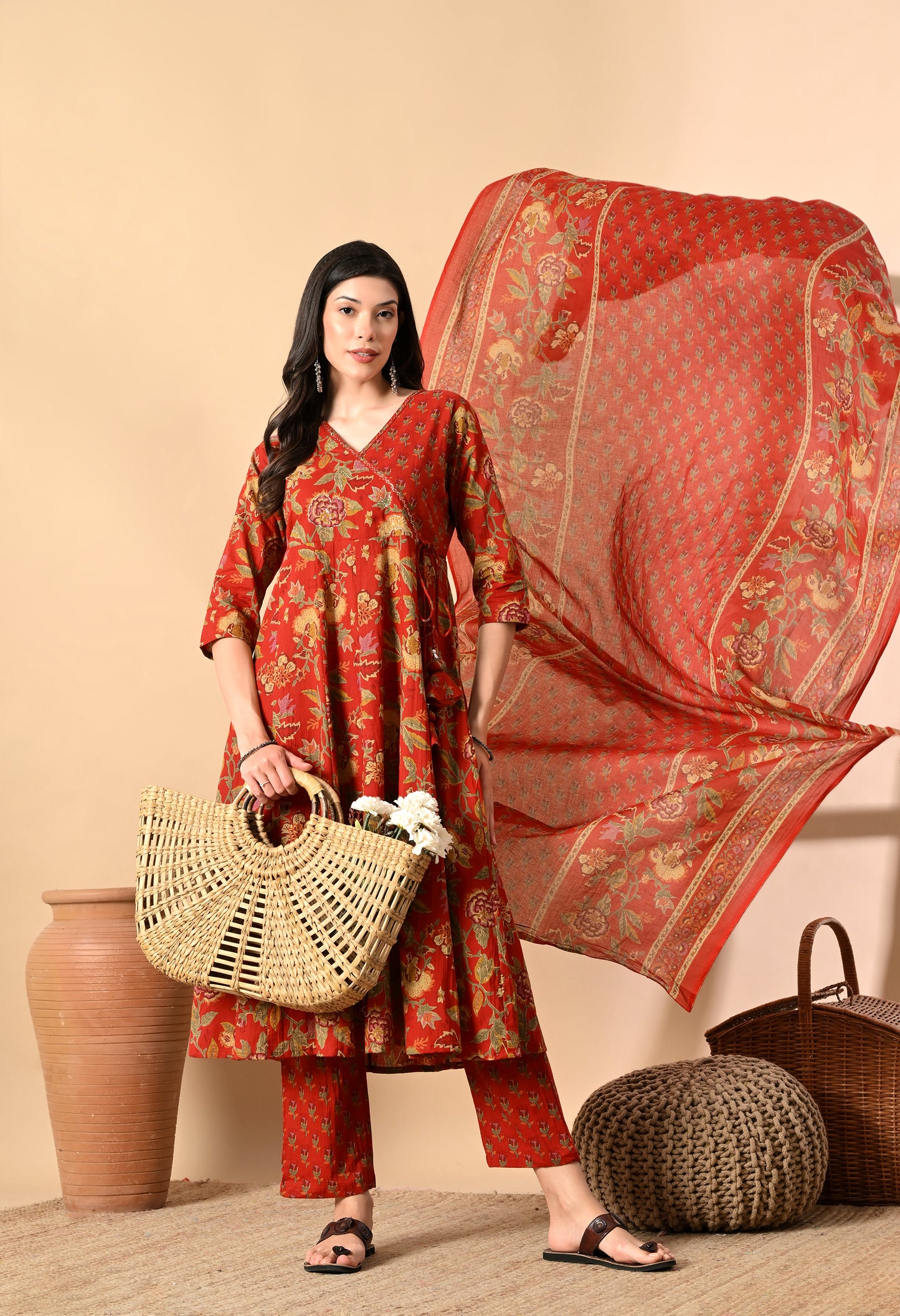 Angrakha Style Anarkali 12-Kali Kurta Set with Dupatta | Handcrafted with Elegant Badla Work