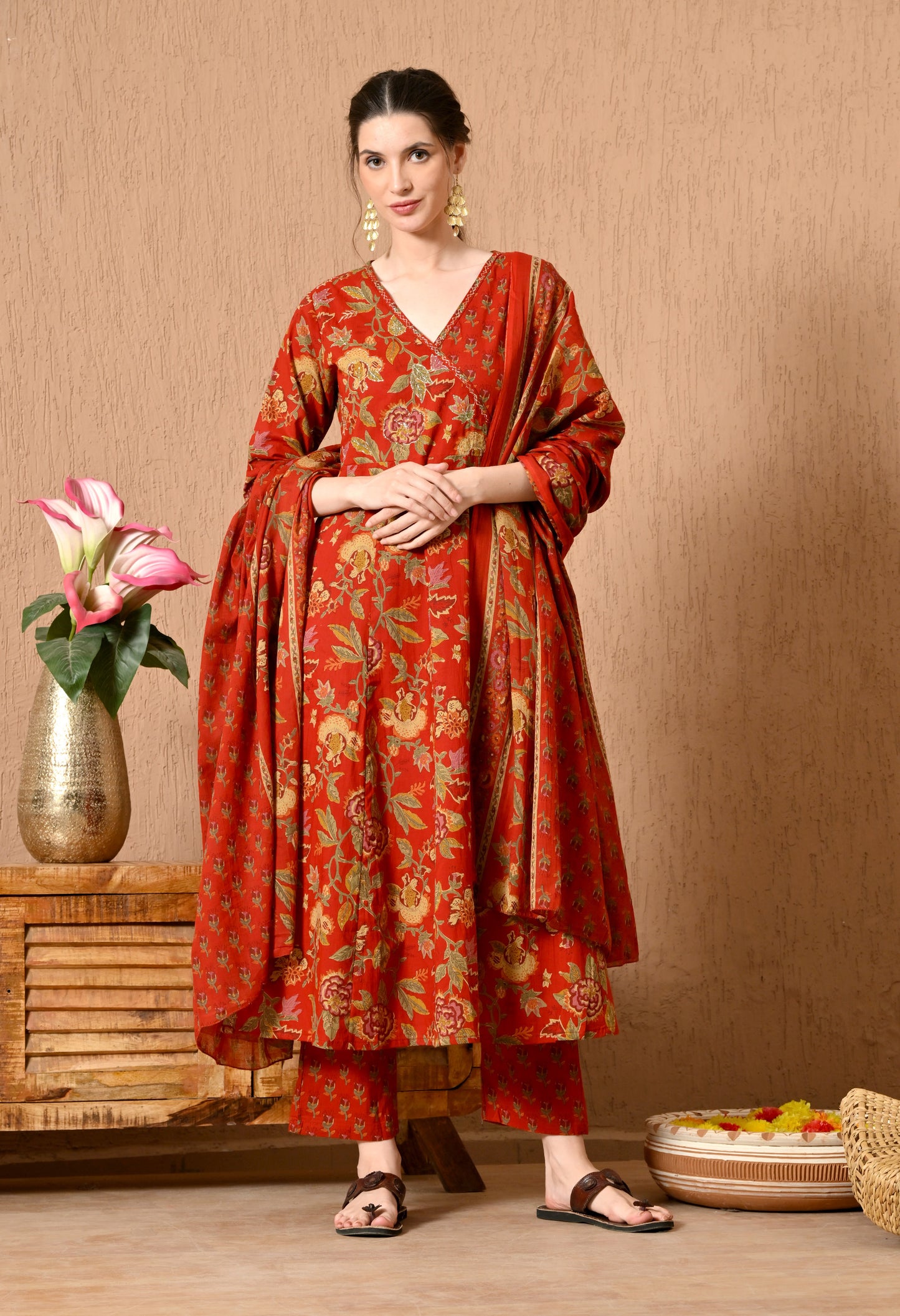 Angrakha Style Anarkali 12-Kali Kurta Set with Dupatta | Handcrafted with Elegant Badla Work