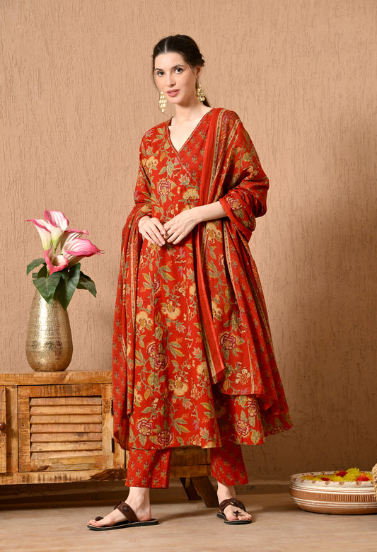 Angrakha Style Anarkali 12-Kali Kurta Set with Dupatta | Handcrafted with Elegant Badla Work