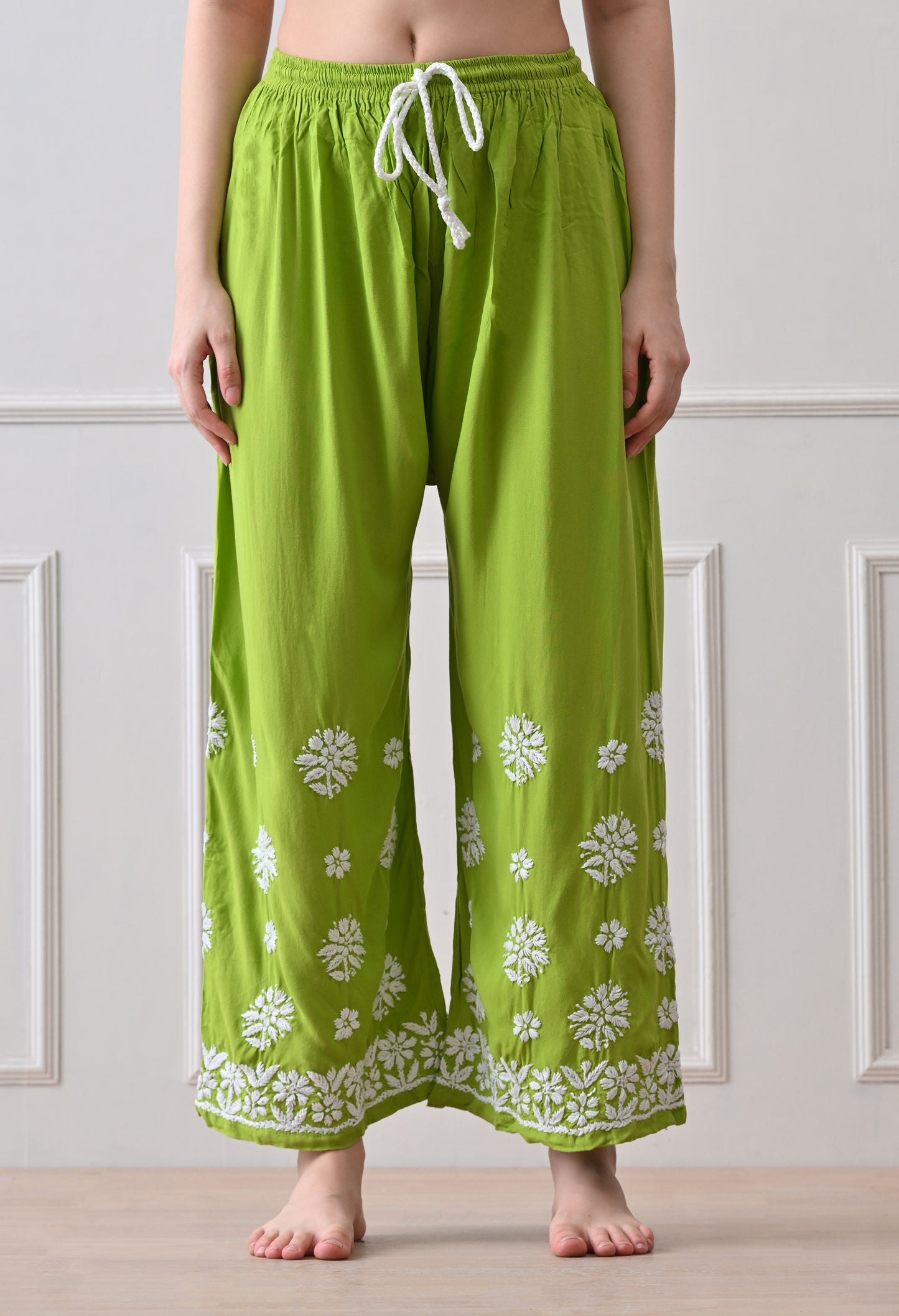 Hand Embroidered Chikankari Plazo Set 3d Work- Parrot Green