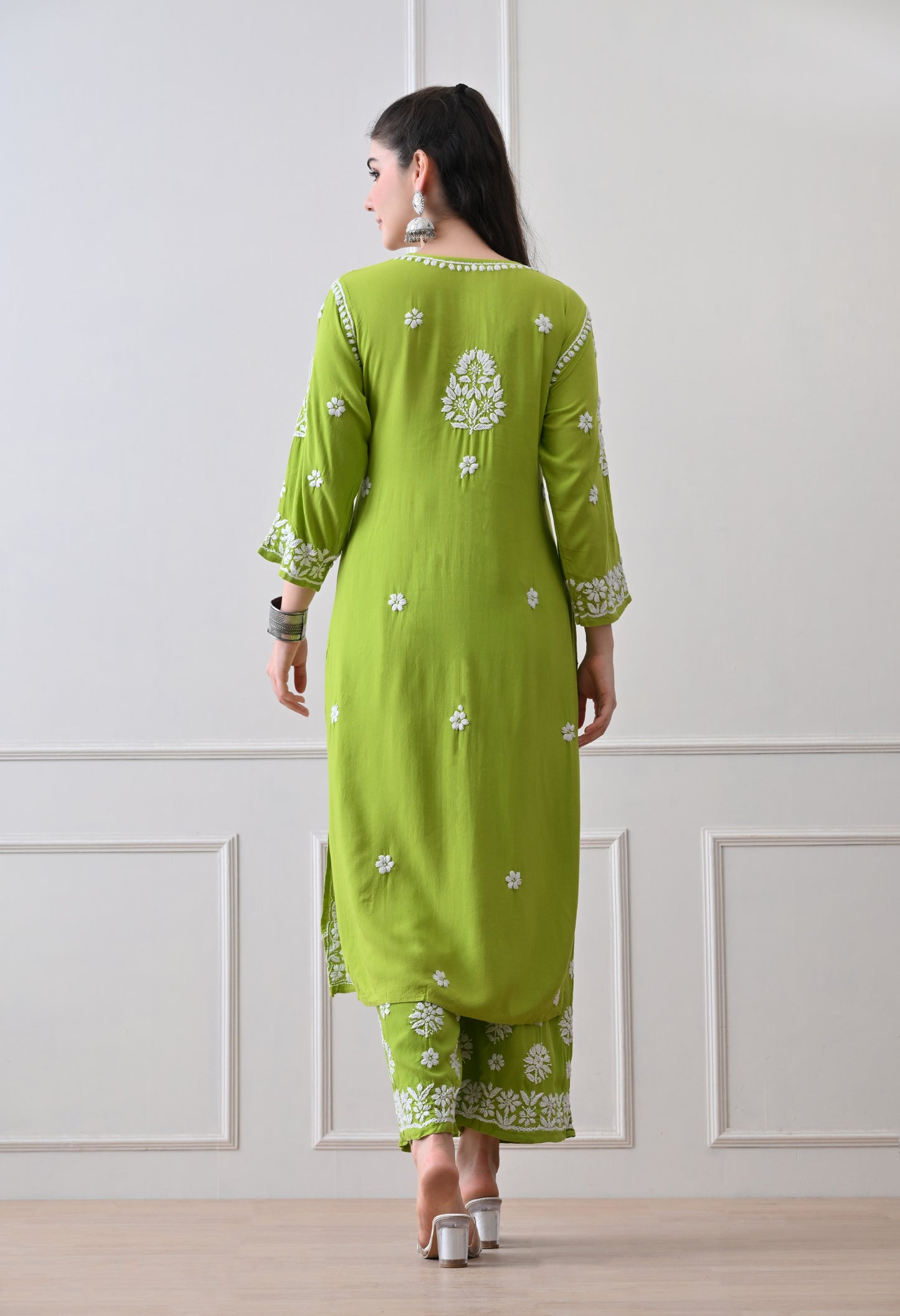 Hand Embroidered Chikankari Plazo Set 3d Work- Parrot Green