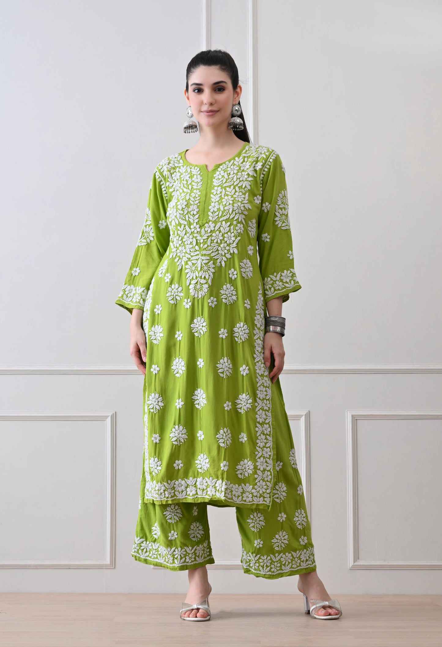 Hand Embroidered Chikankari Plazo Set 3d Work- Parrot Green