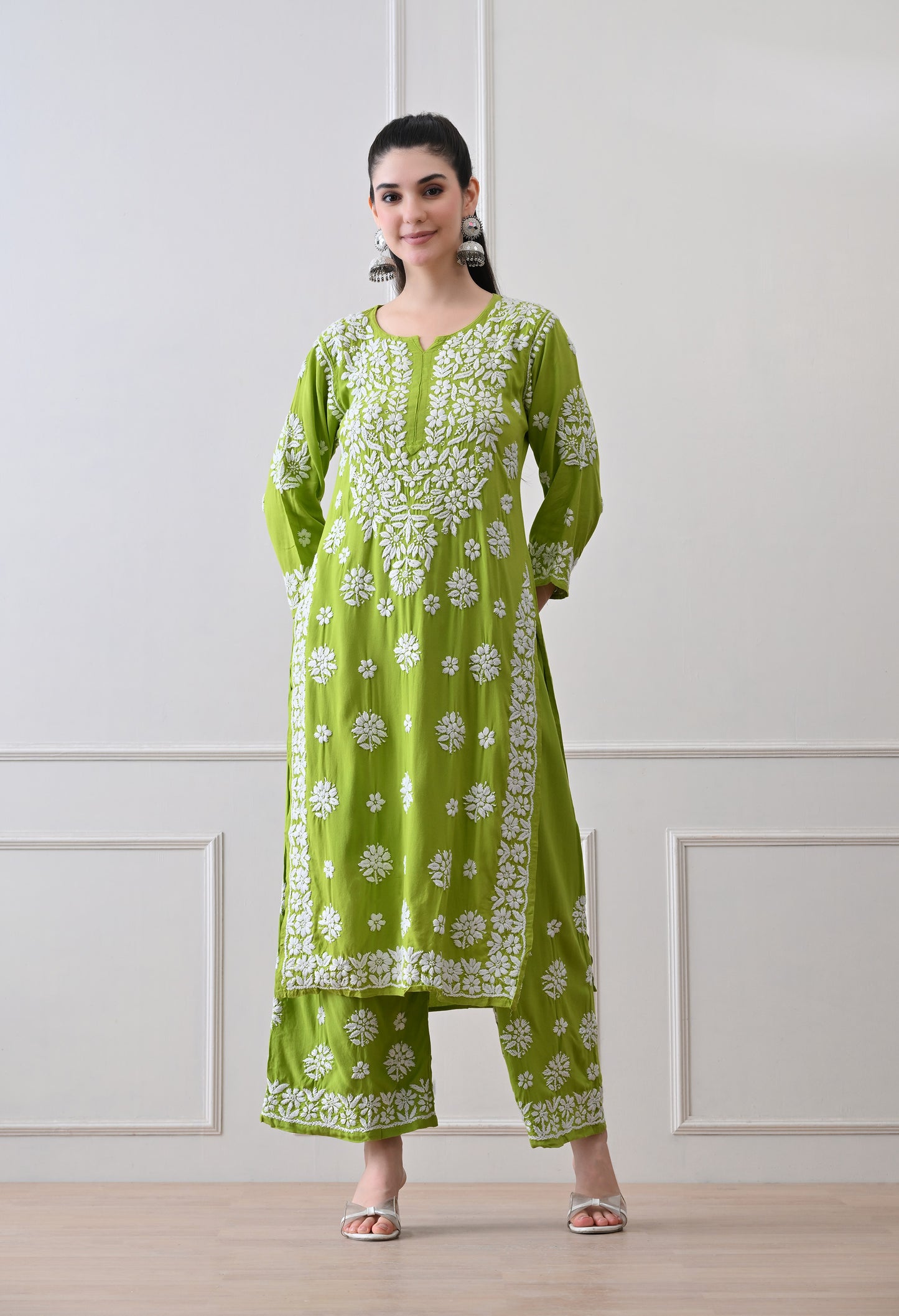 Hand Embroidered Chikankari Plazo Set 3d Work- Parrot Green