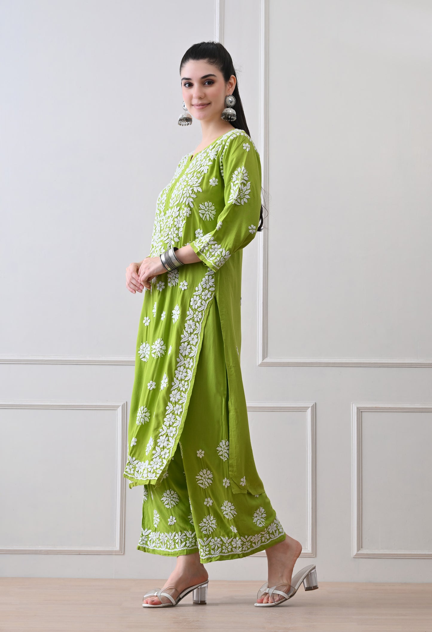 Hand Embroidered Chikankari Plazo Set 3d Work- Parrot Green