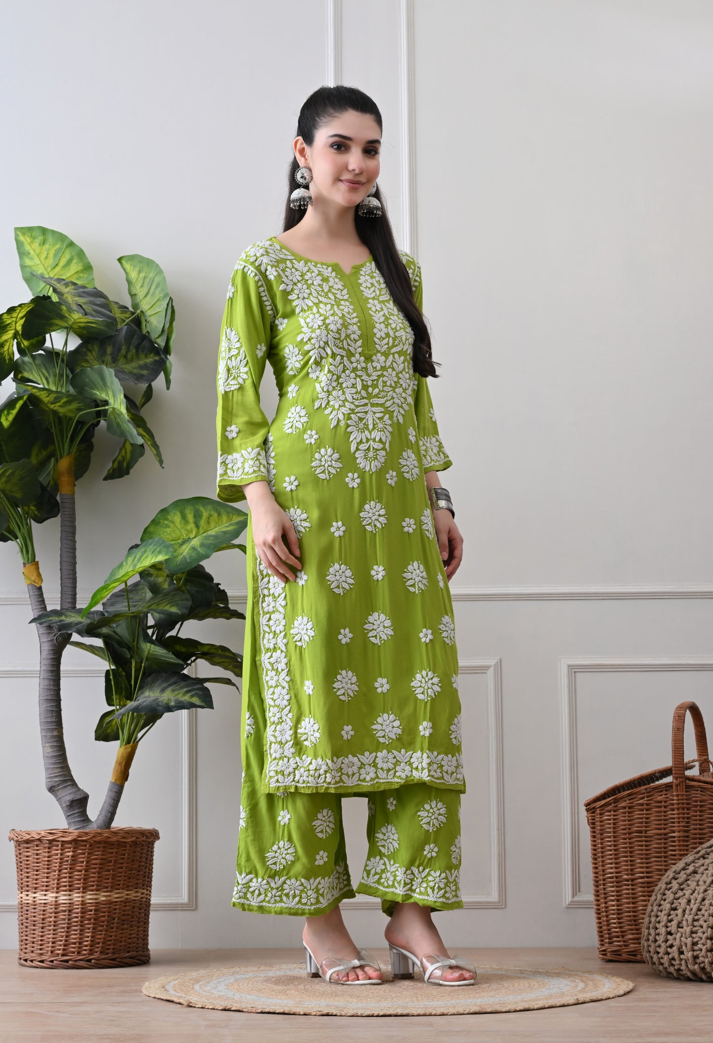 Hand Embroidered Chikankari Plazo Set 3d Work- Parrot Green