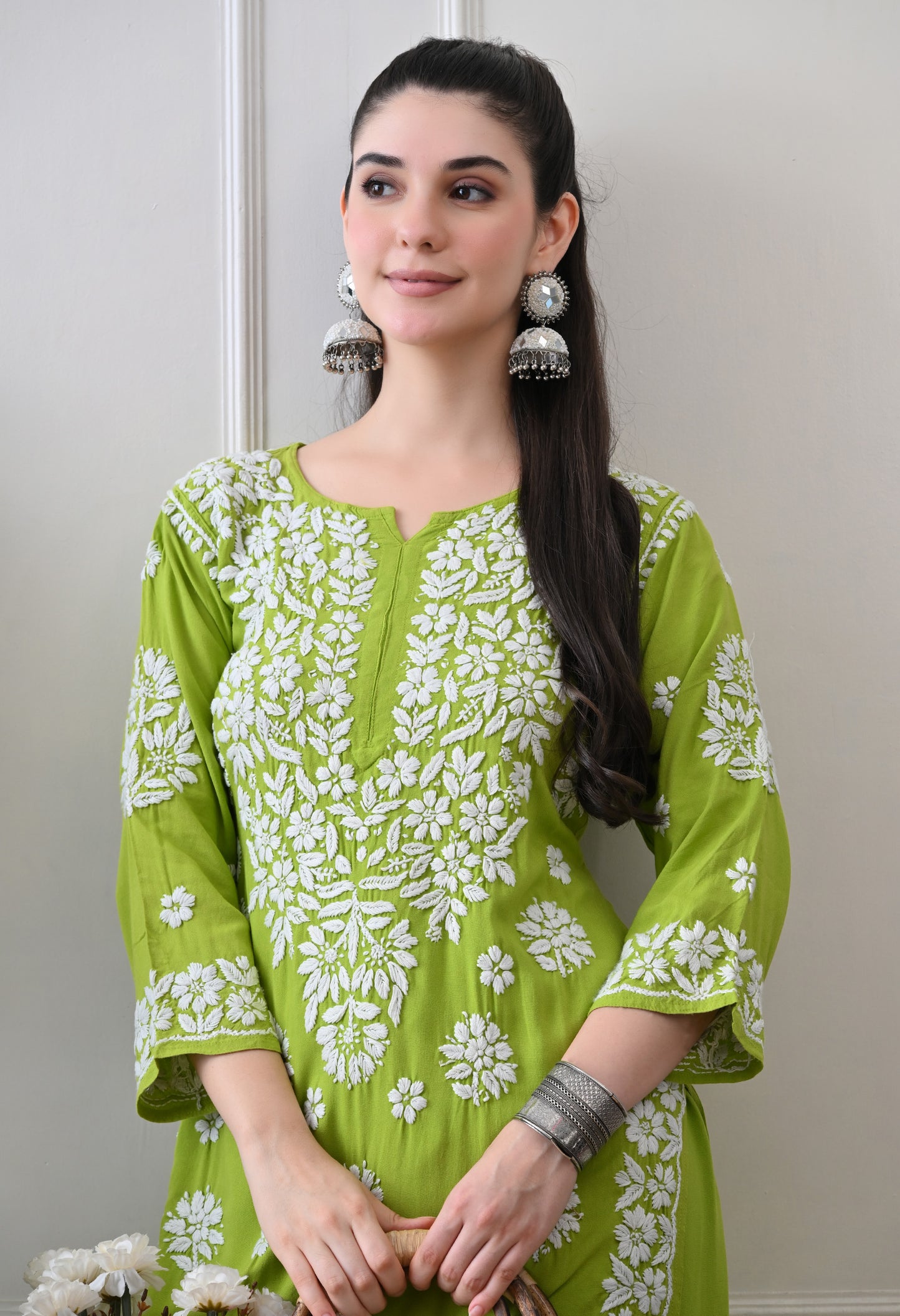 Hand Embroidered Chikankari Plazo Set 3d Work- Parrot Green