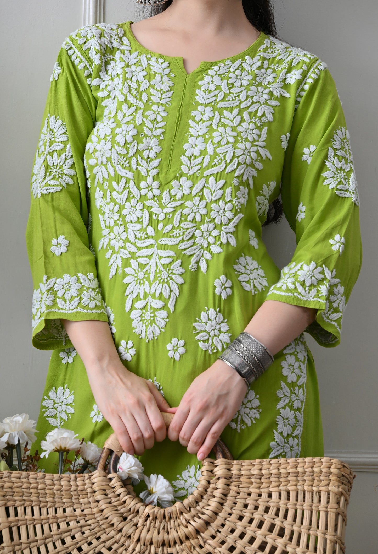 Hand Embroidered Chikankari Plazo Set 3d Work- Parrot Green