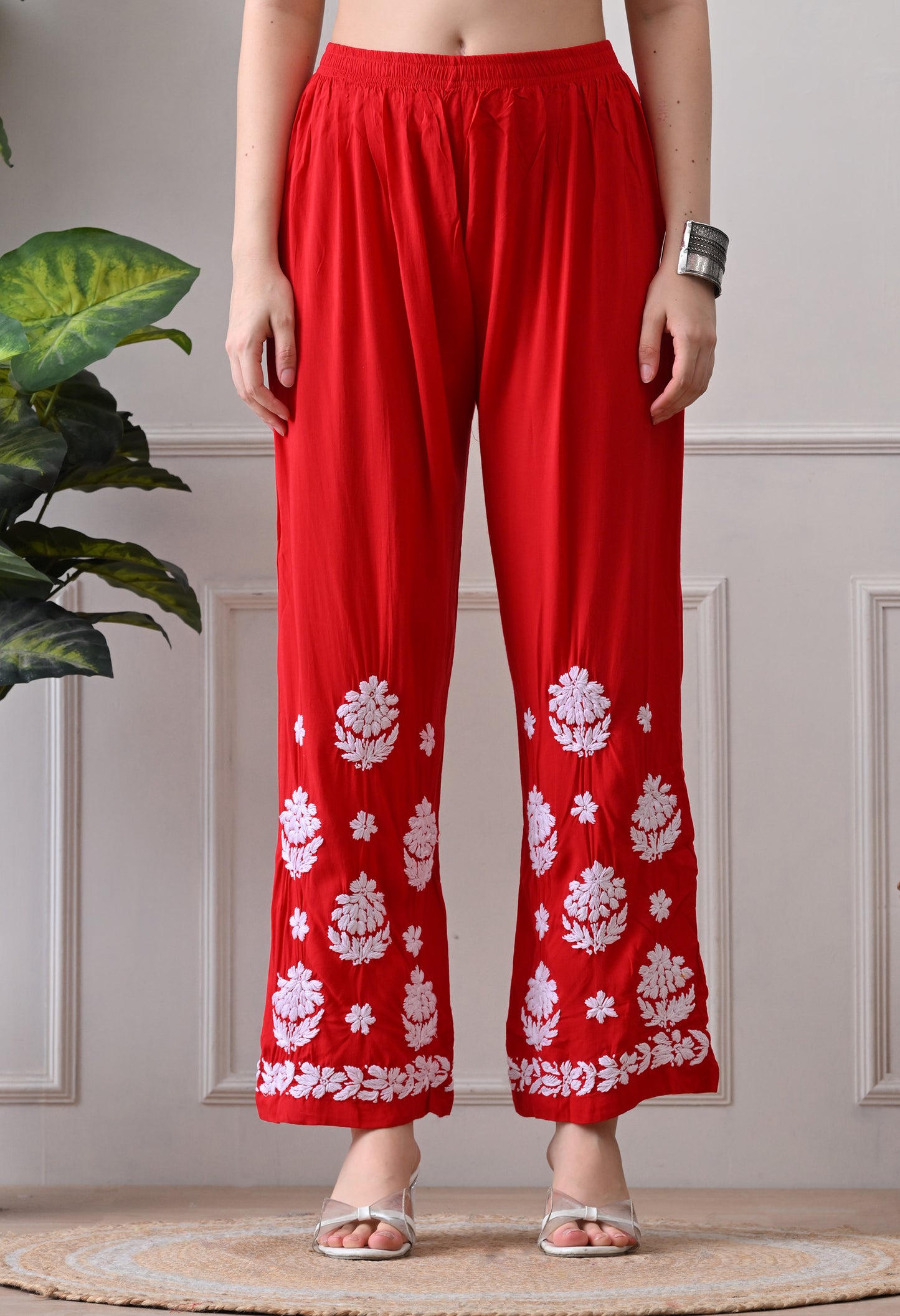 Hand Embroidered Chikankari Modal Plazo Set with 3D Floral Work Red