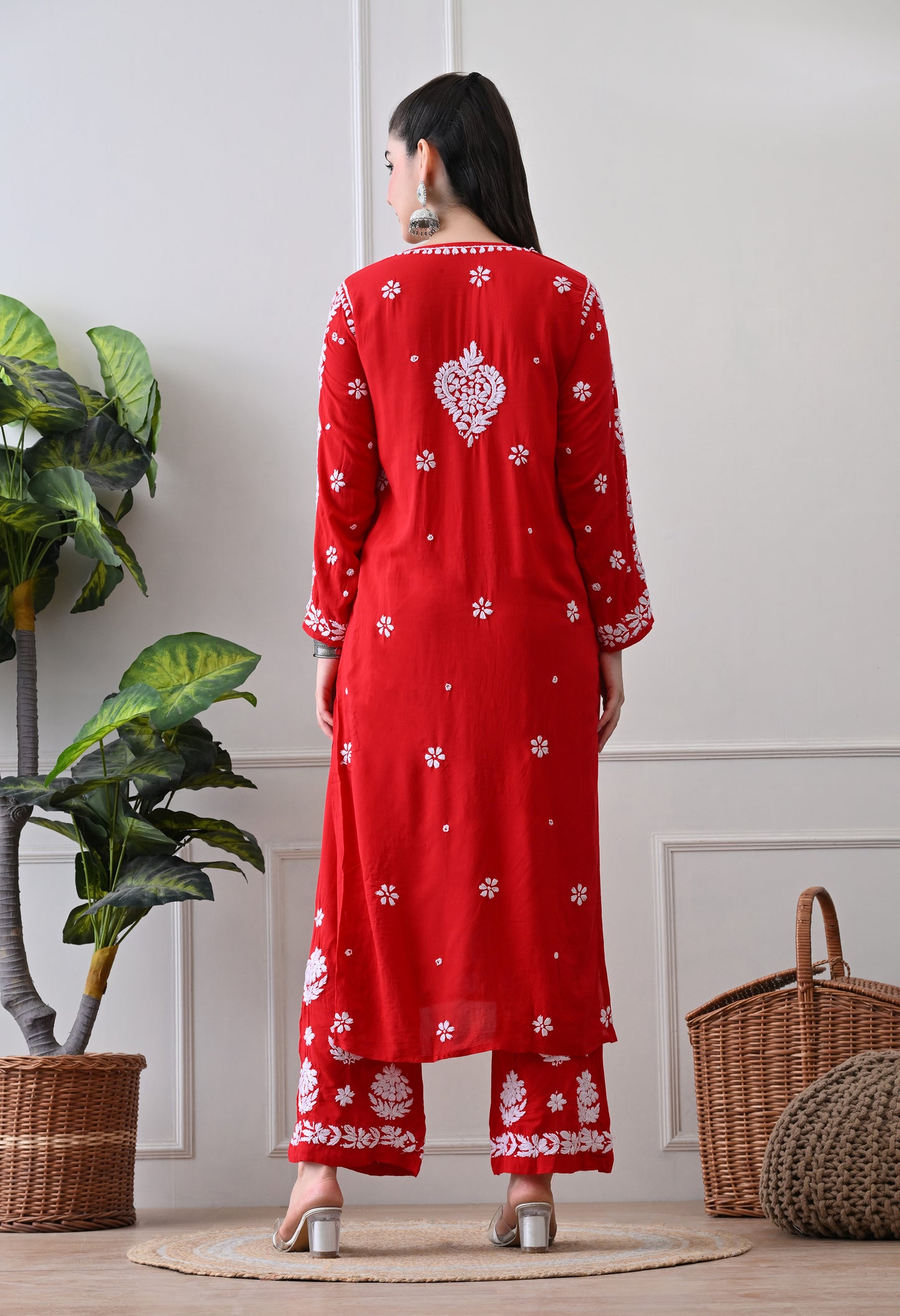 Hand Embroidered Chikankari Modal Plazo Set with 3D Floral Work Red