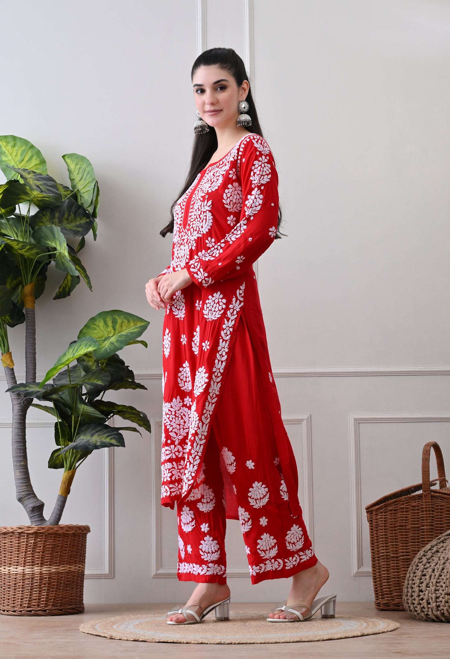 Hand Embroidered Chikankari Modal Plazo Set with 3D Floral Work Red