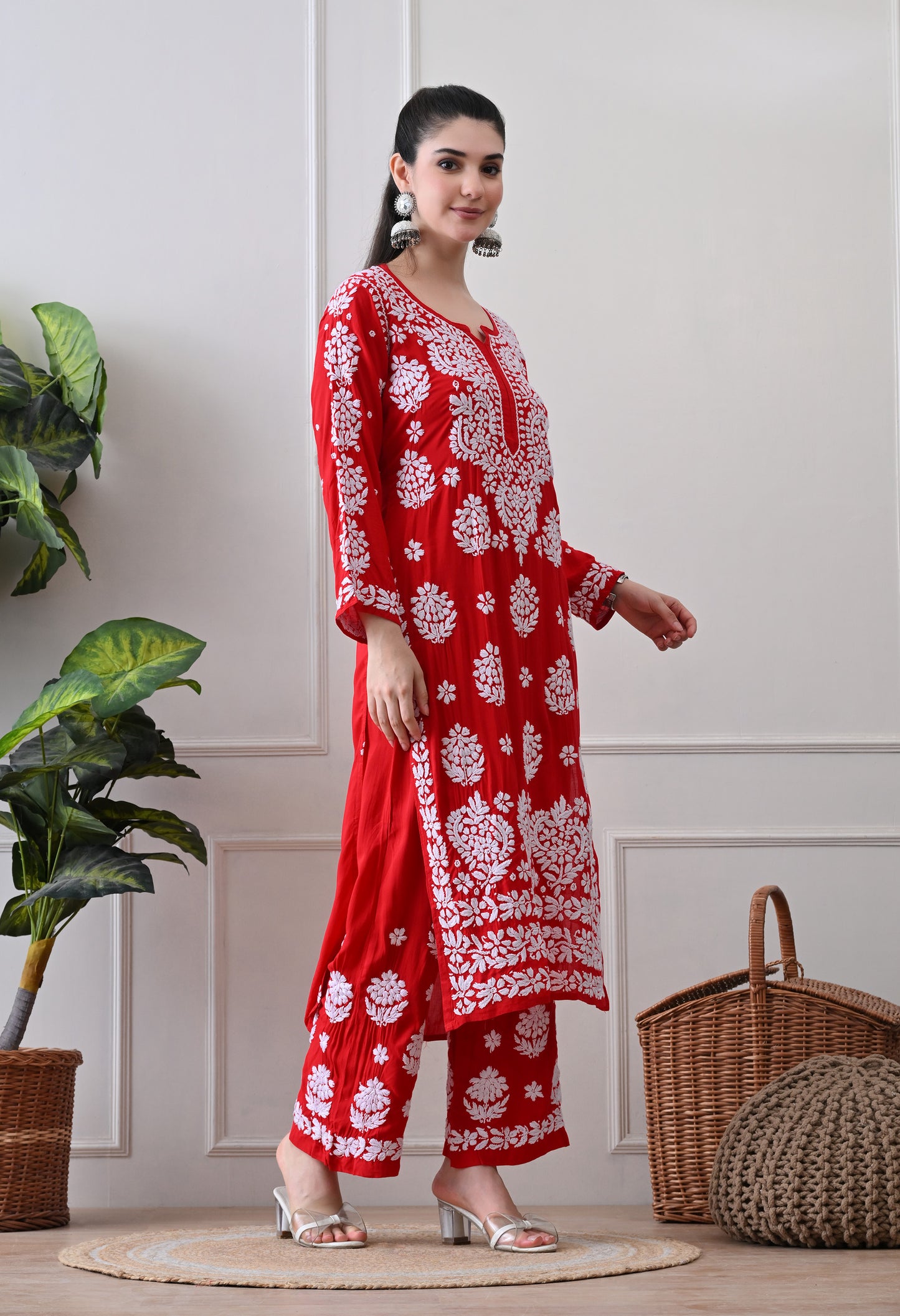 Hand Embroidered Chikankari Modal Plazo Set with 3D Floral Work Red