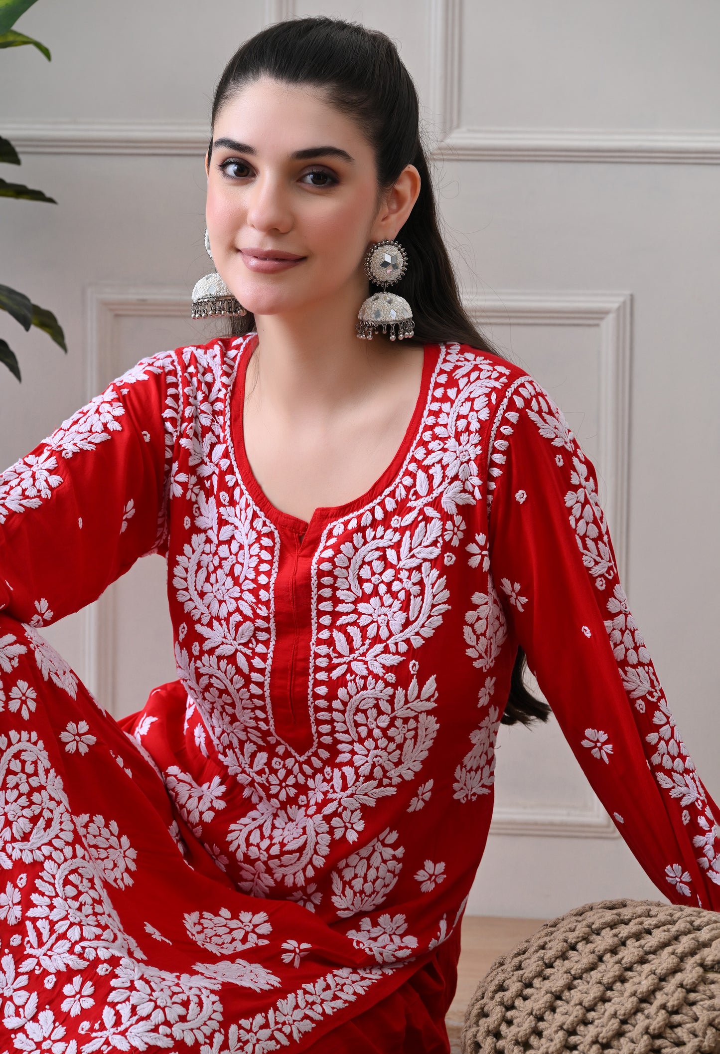 Hand Embroidered Chikankari Modal Plazo Set with 3D Floral Work Red