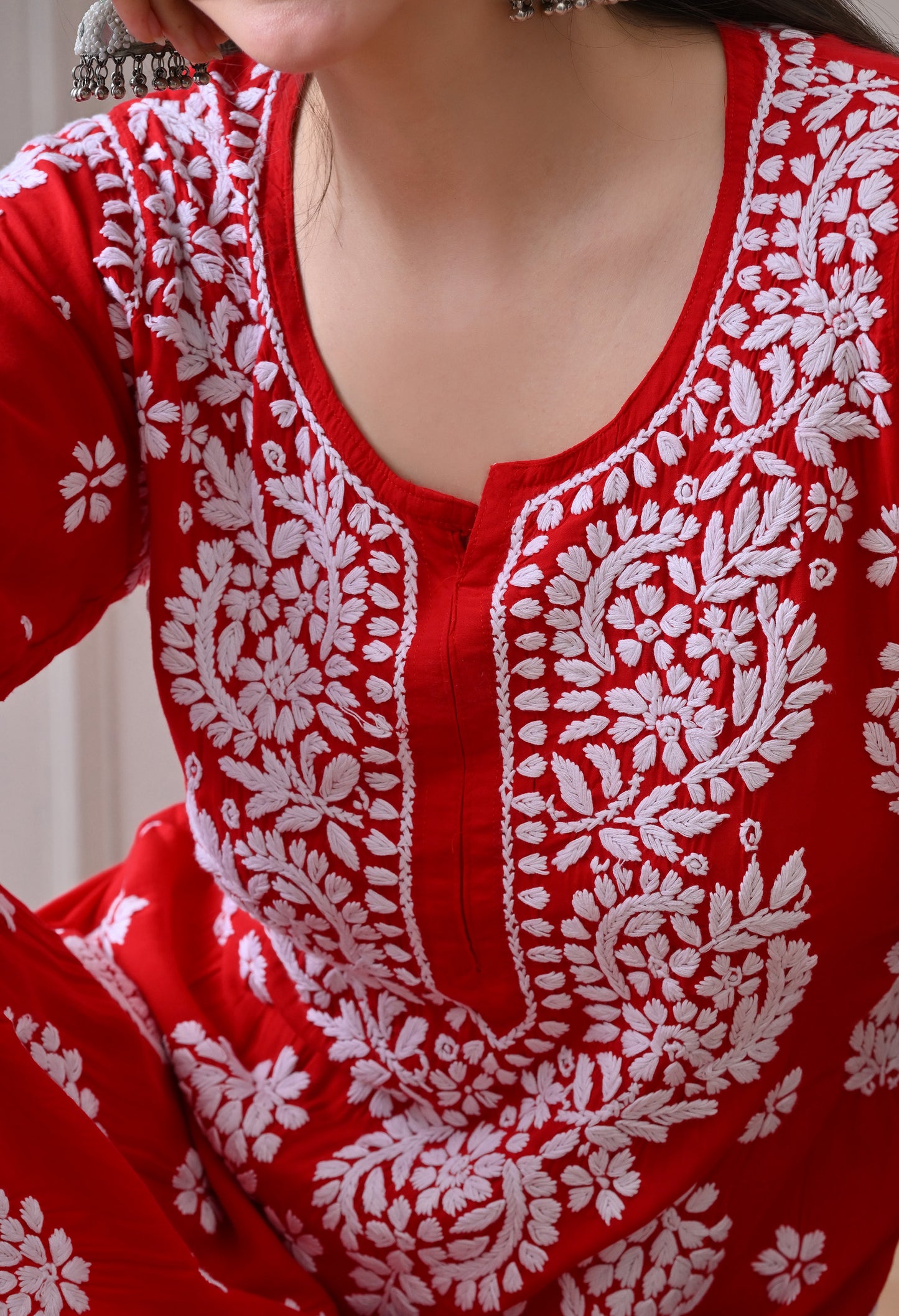 Hand Embroidered Chikankari Modal Plazo Set with 3D Floral Work Red