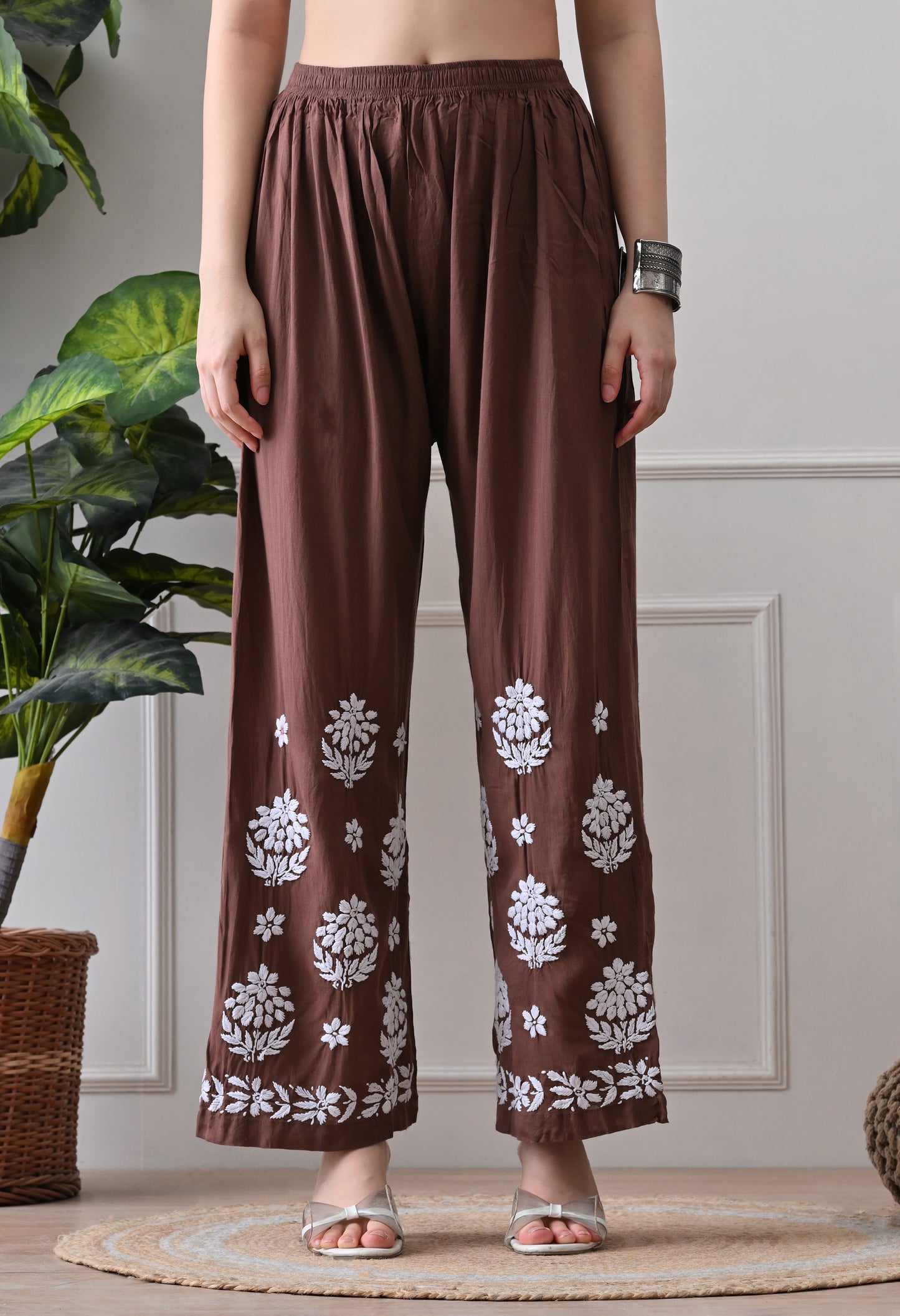 Hand Embroidered Chikankari Modal Plazo Set with 3D Floral Work – Ethnic Wear for Women – Brown