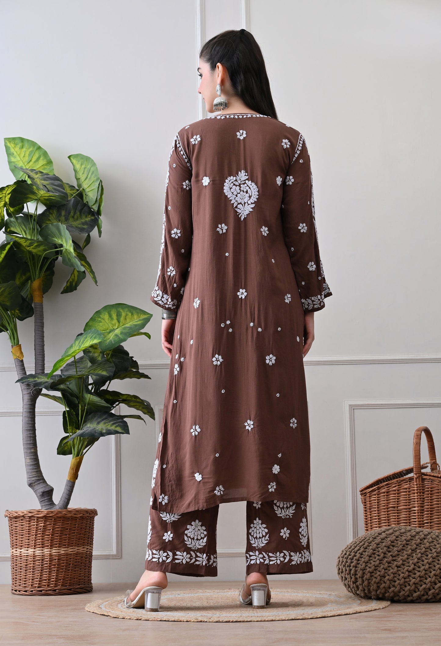 Hand Embroidered Chikankari Modal Plazo Set with 3D Floral Work – Ethnic Wear for Women – Brown