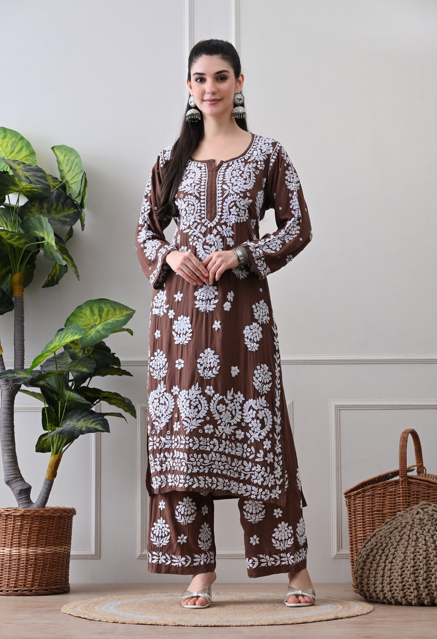 Hand Embroidered Chikankari Modal Plazo Set with 3D Floral Work – Ethnic Wear for Women – Brown