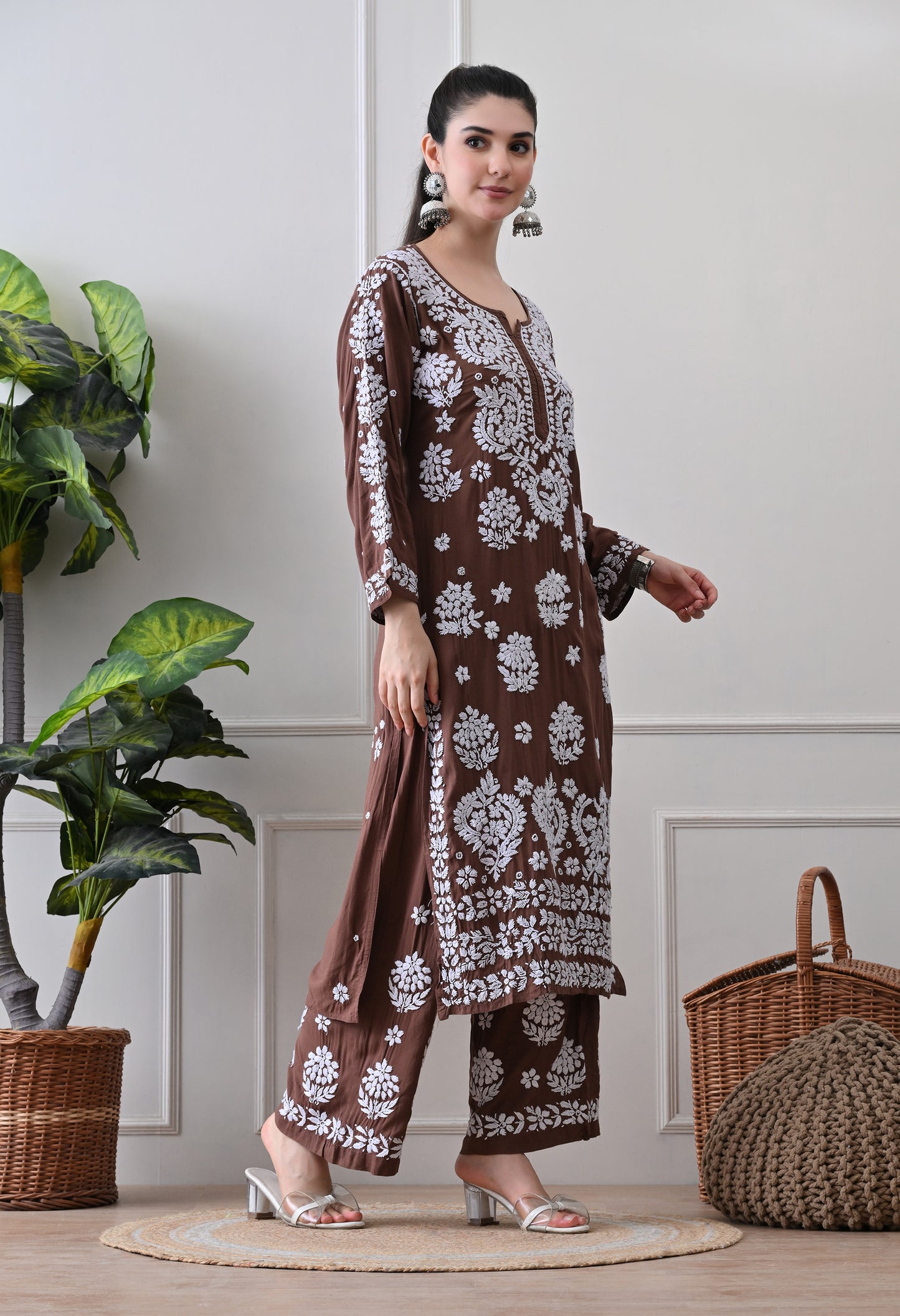 Hand Embroidered Chikankari Modal Plazo Set with 3D Floral Work – Ethnic Wear for Women – Brown