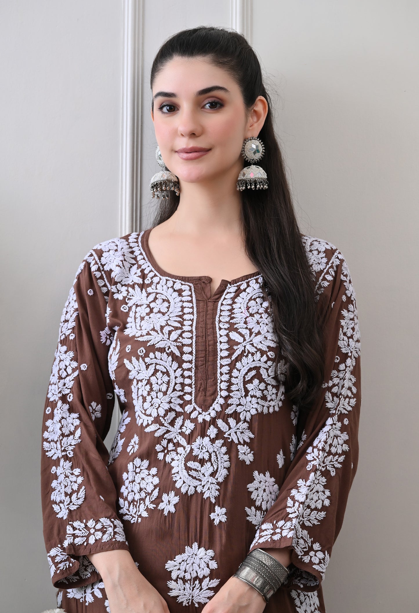 Hand Embroidered Chikankari Modal Plazo Set with 3D Floral Work – Ethnic Wear for Women – Brown