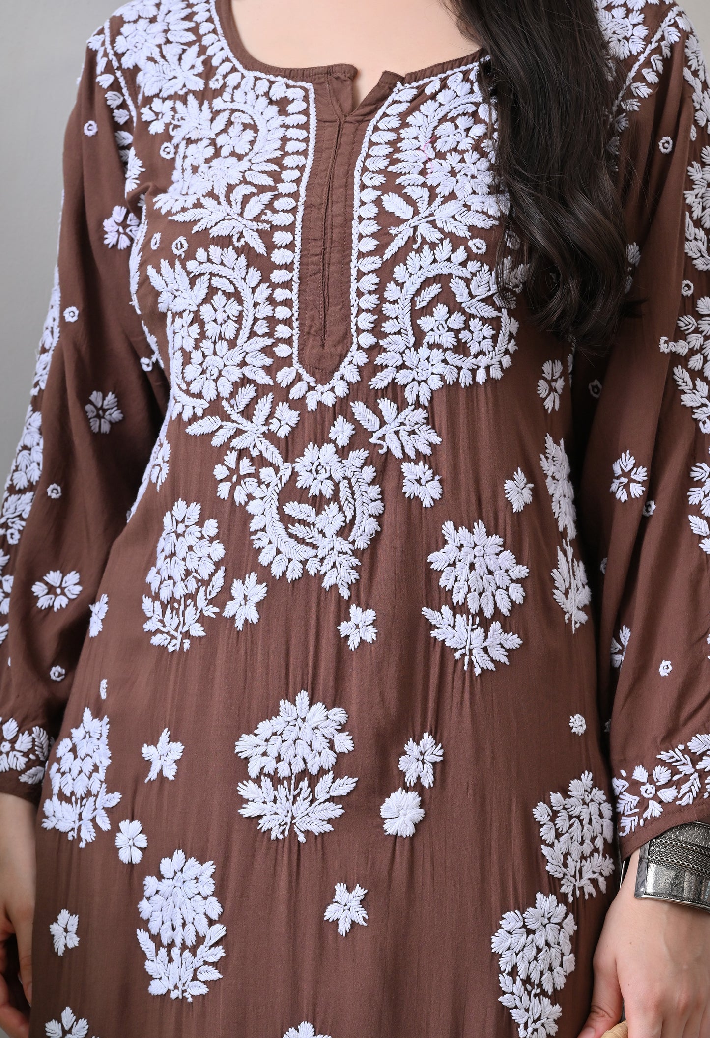 Hand Embroidered Chikankari Modal Plazo Set with 3D Floral Work – Ethnic Wear for Women – Brown