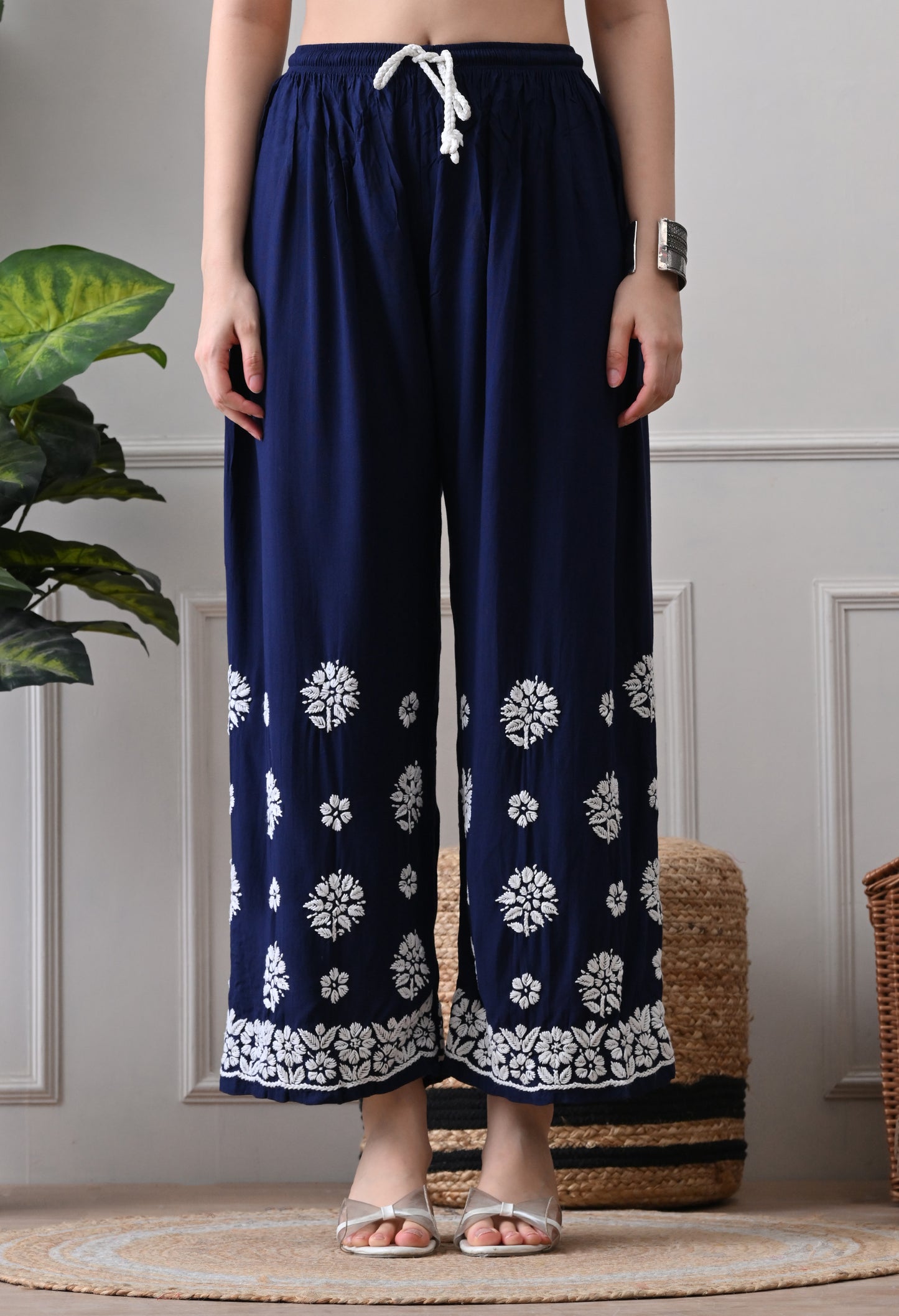 Hand Embroidered Chikankari Plazo Set 3d Work- Dark Blue