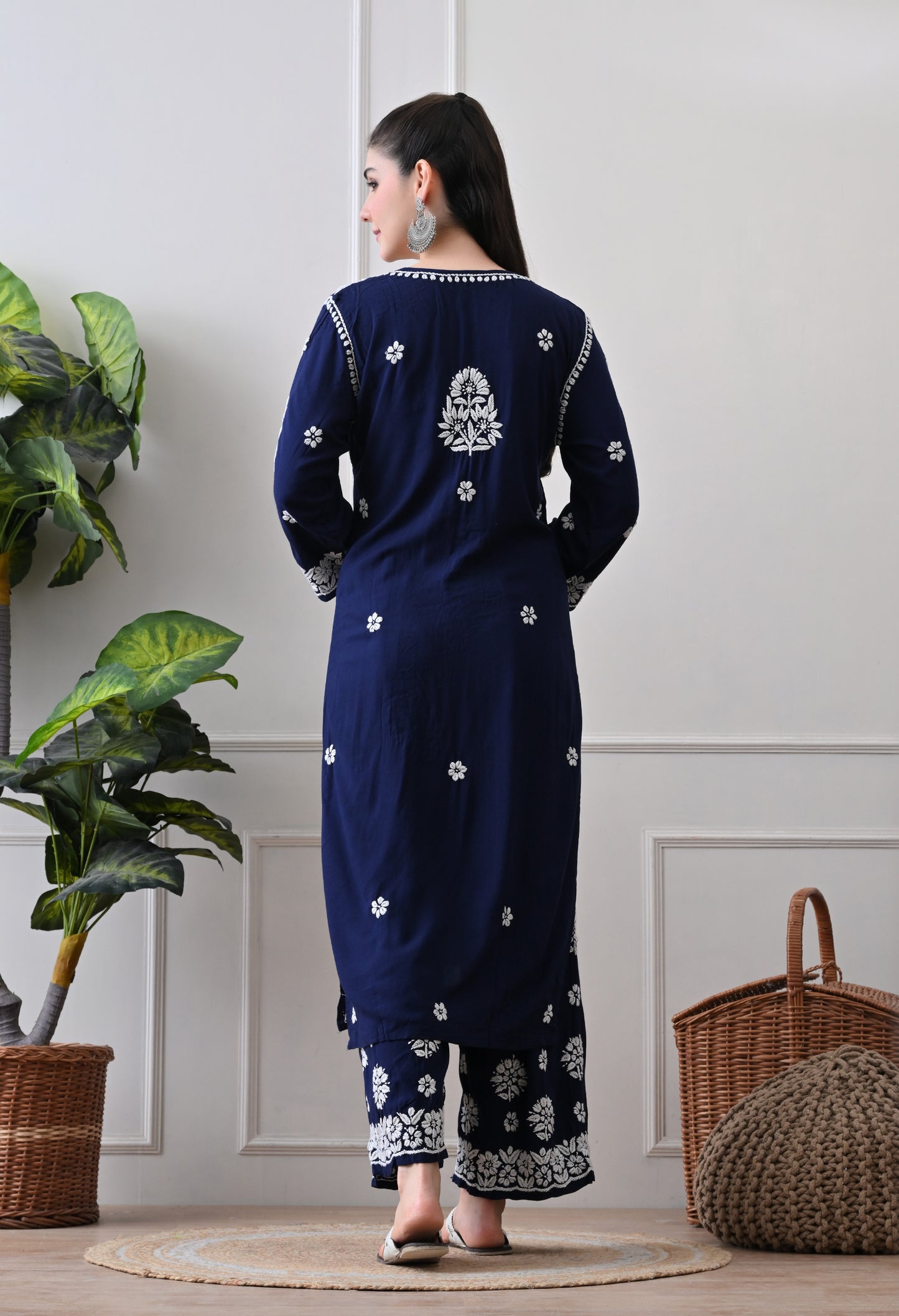 Hand Embroidered Chikankari Plazo Set 3d Work- Dark Blue