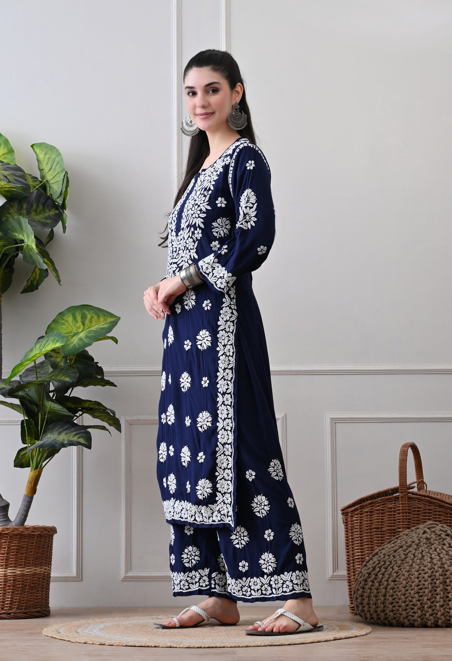 Hand Embroidered Chikankari Plazo Set 3d Work- Dark Blue