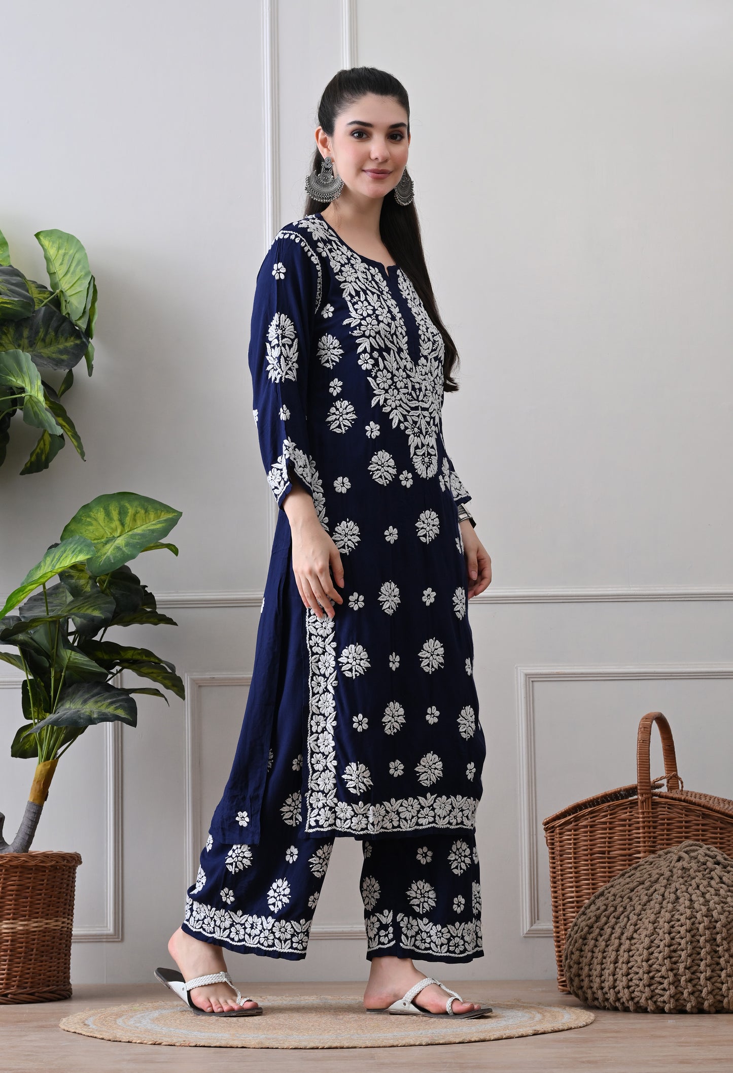 Hand Embroidered Chikankari Plazo Set 3d Work- Dark Blue
