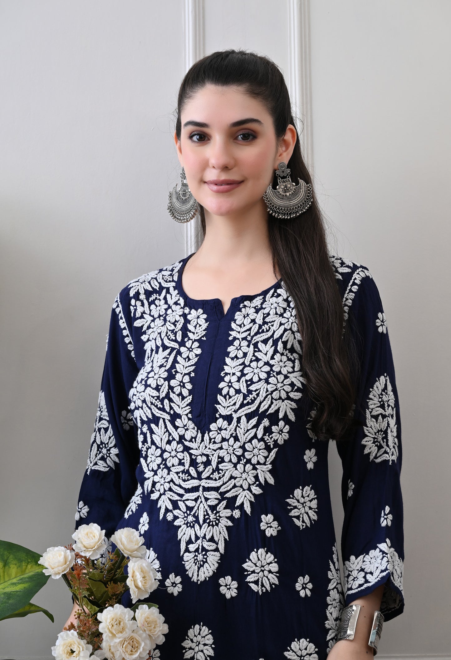 Hand Embroidered Chikankari Plazo Set 3d Work- Dark Blue