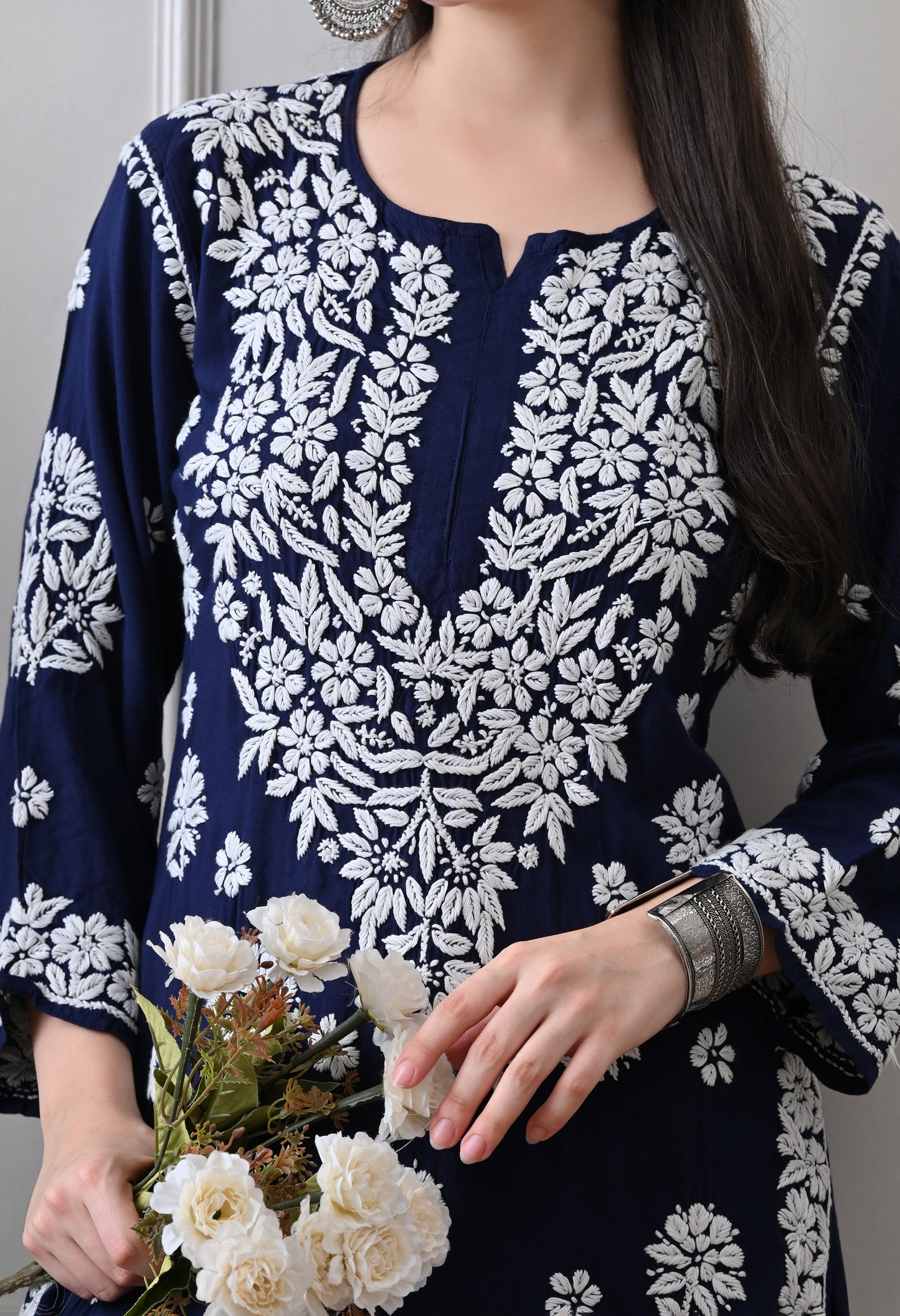 Hand Embroidered Chikankari Plazo Set 3d Work- Dark Blue