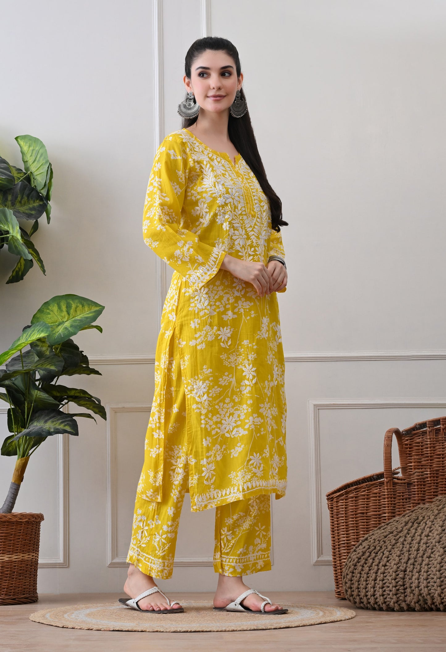 Hand Embroidered Chikankari Mulmul Plazo Set – Floral Sunshine Yellow