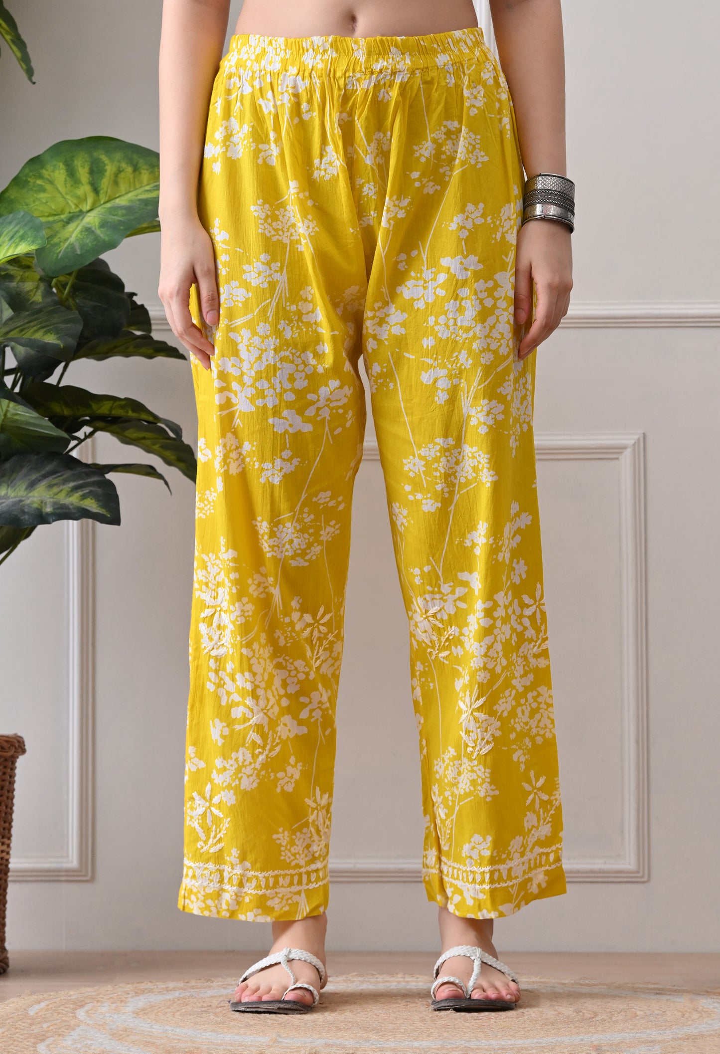 Hand Embroidered Chikankari Mulmul Plazo Set – Floral Sunshine Yellow