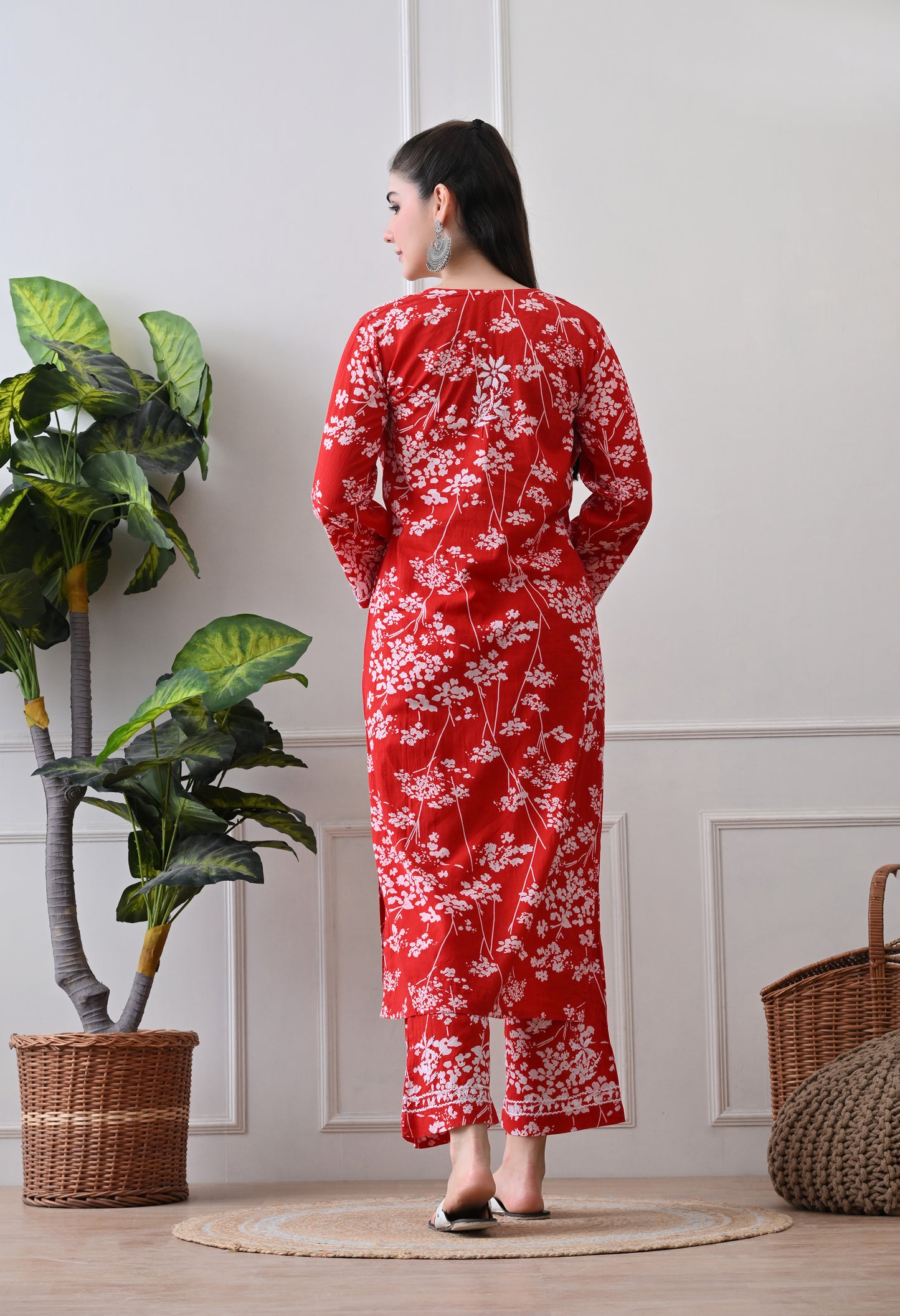 Hand Embroidered Chikankari Mulmul Plazo Set – Floral Delight Red