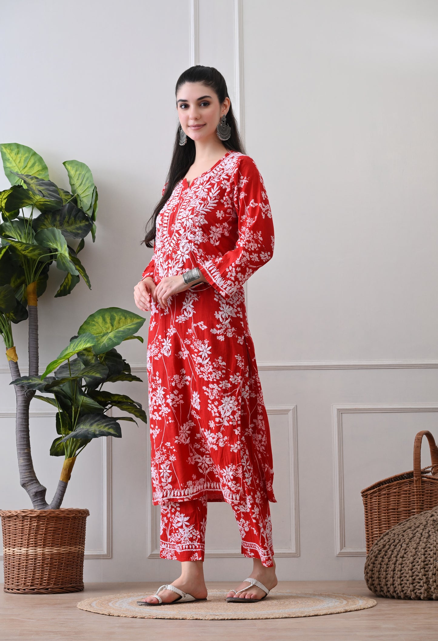 Hand Embroidered Chikankari Mulmul Plazo Set – Floral Delight Red