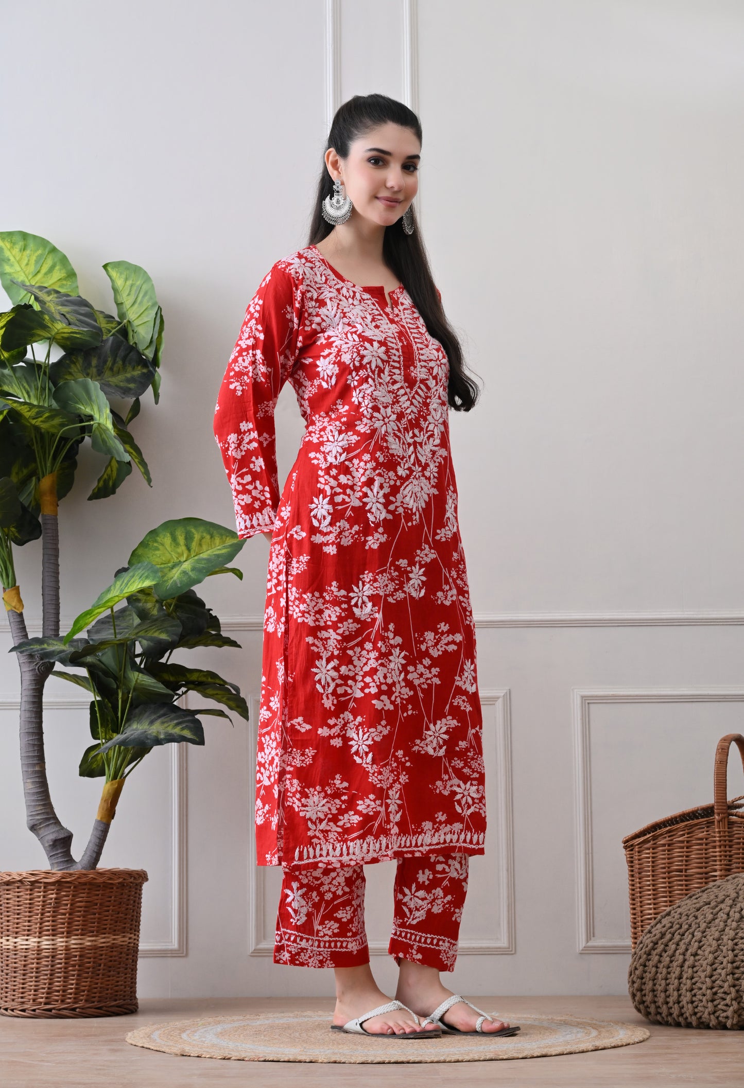 Hand Embroidered Chikankari Mulmul Plazo Set – Floral Delight Red
