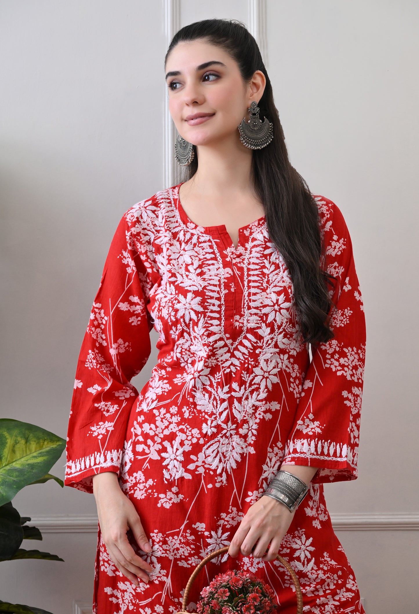 Hand Embroidered Chikankari Mulmul Plazo Set – Floral Delight Red