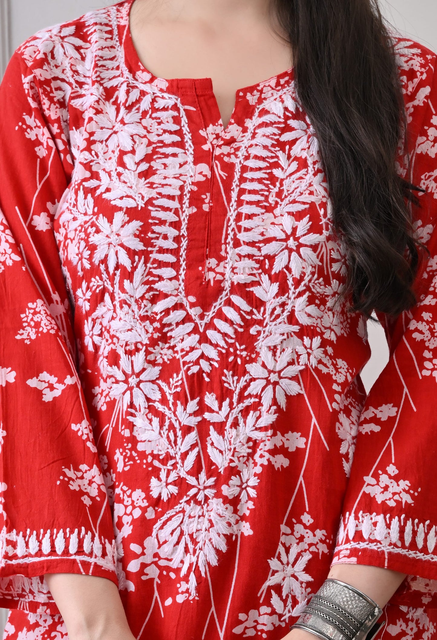 Hand Embroidered Chikankari Mulmul Plazo Set – Floral Delight Red