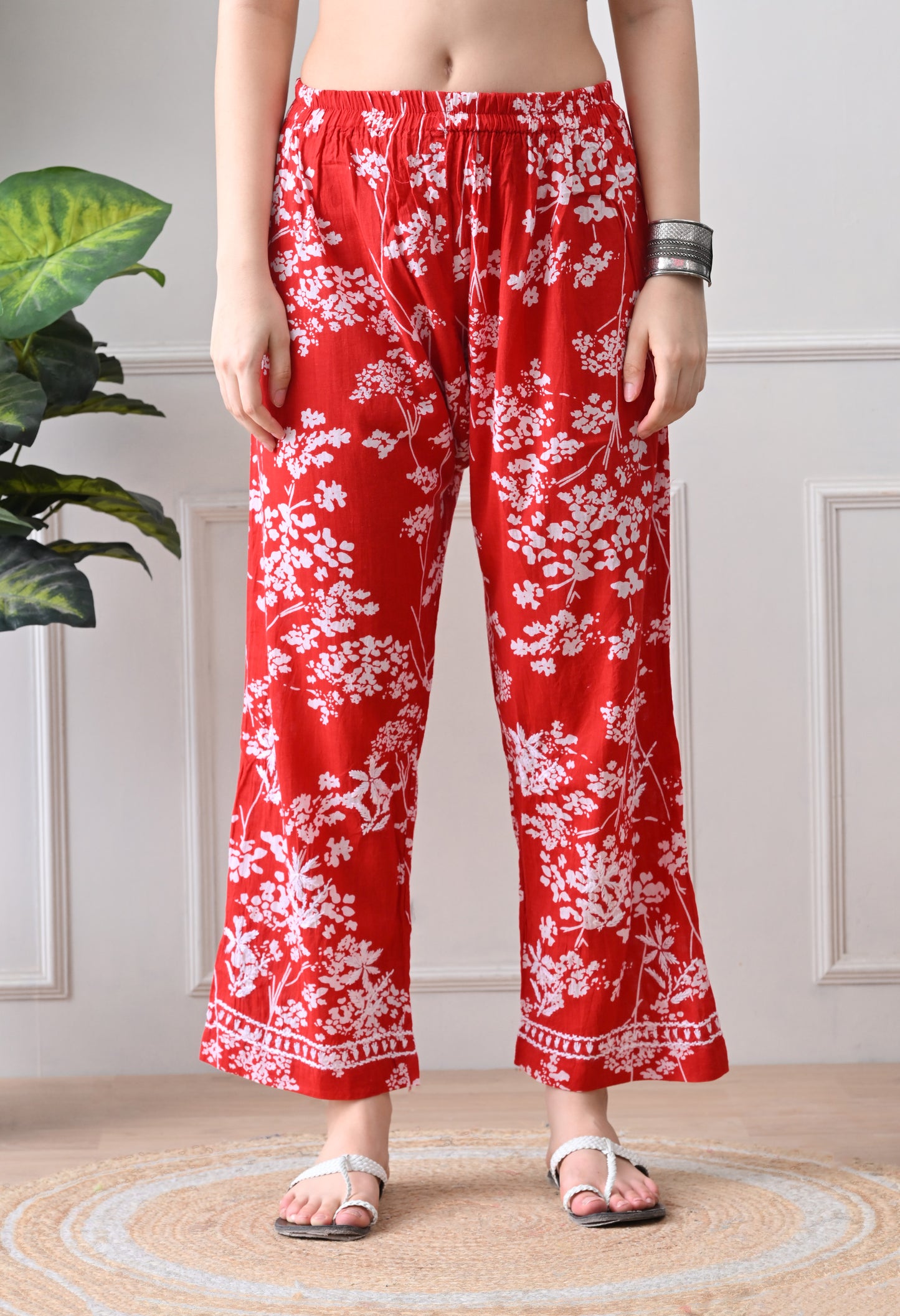 Hand Embroidered Chikankari Mulmul Plazo Set – Floral Delight Red
