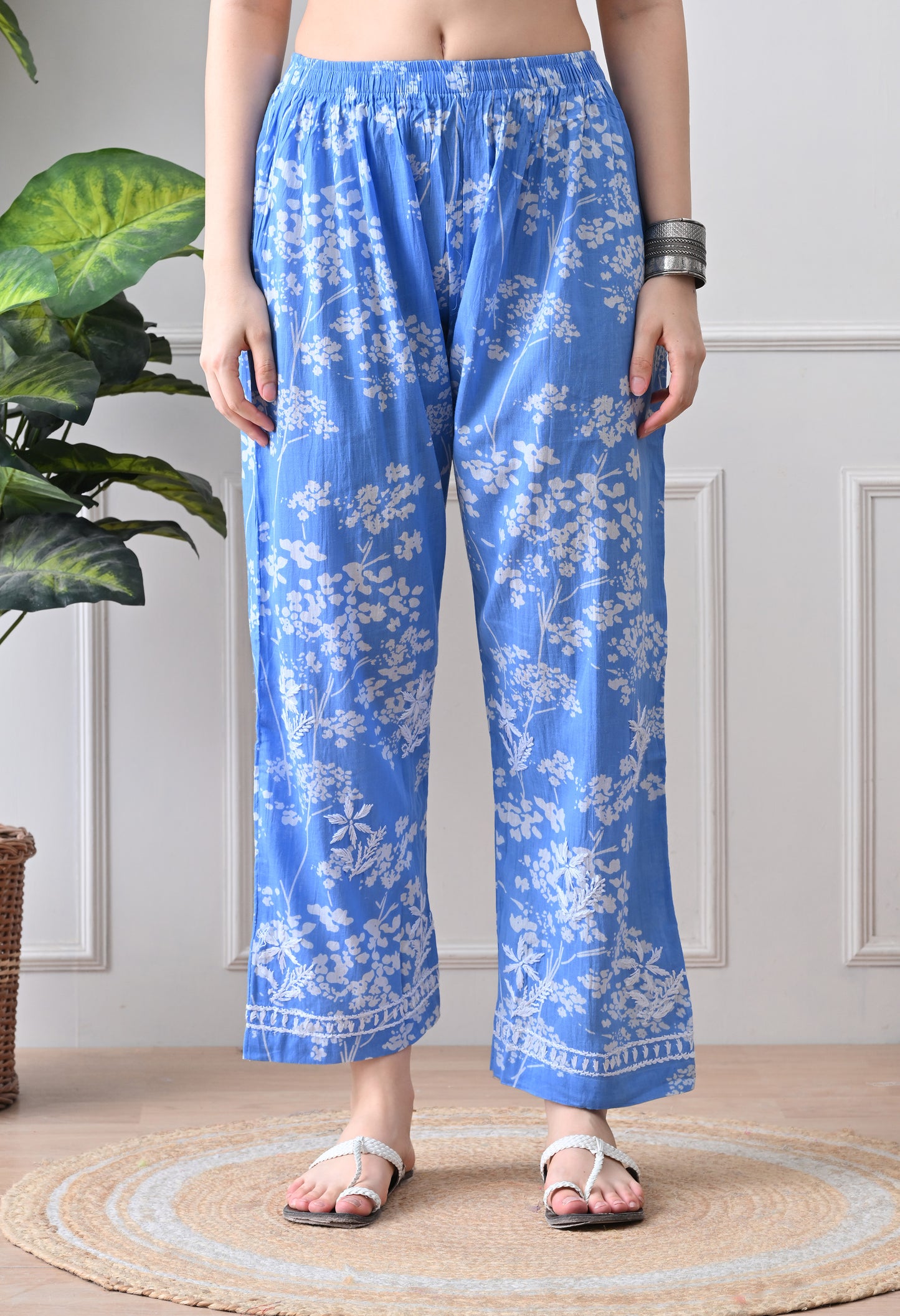 Hand Embroidered Chikankari Mulmul Plazo Set – Floral Blue Delight