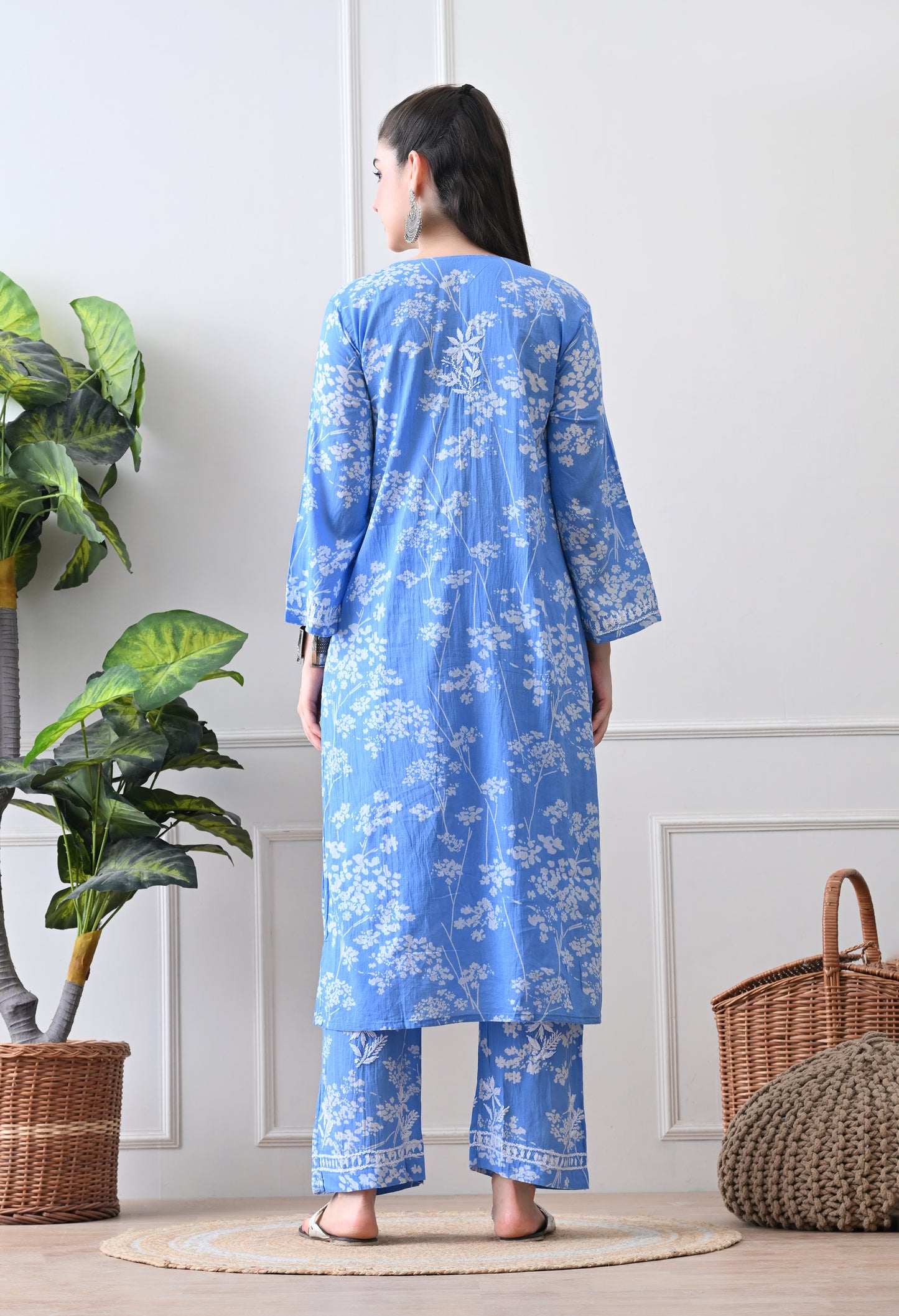 Hand Embroidered Chikankari Mulmul Plazo Set – Floral Blue Delight