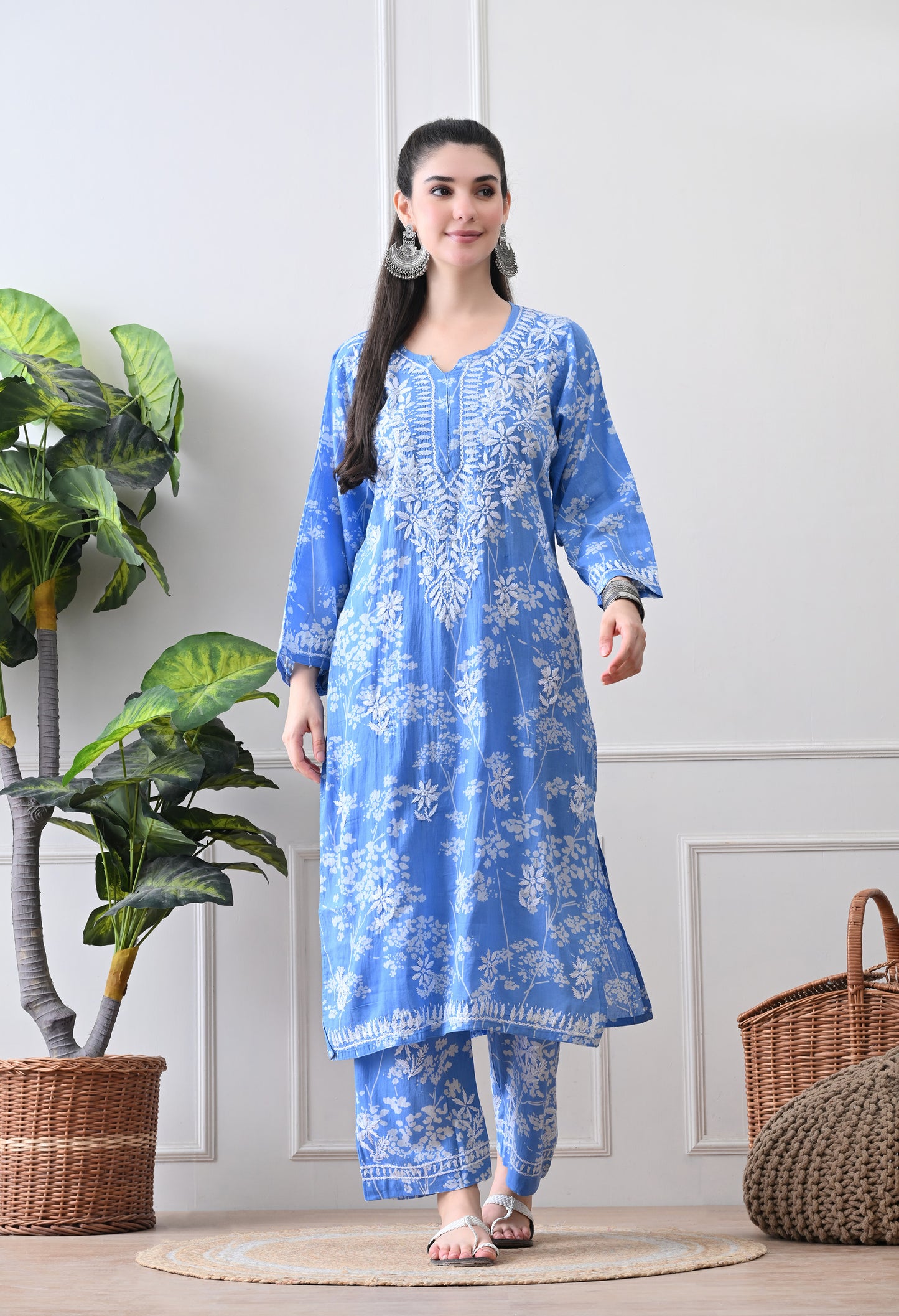 Hand Embroidered Chikankari Mulmul Plazo Set – Floral Blue Delight