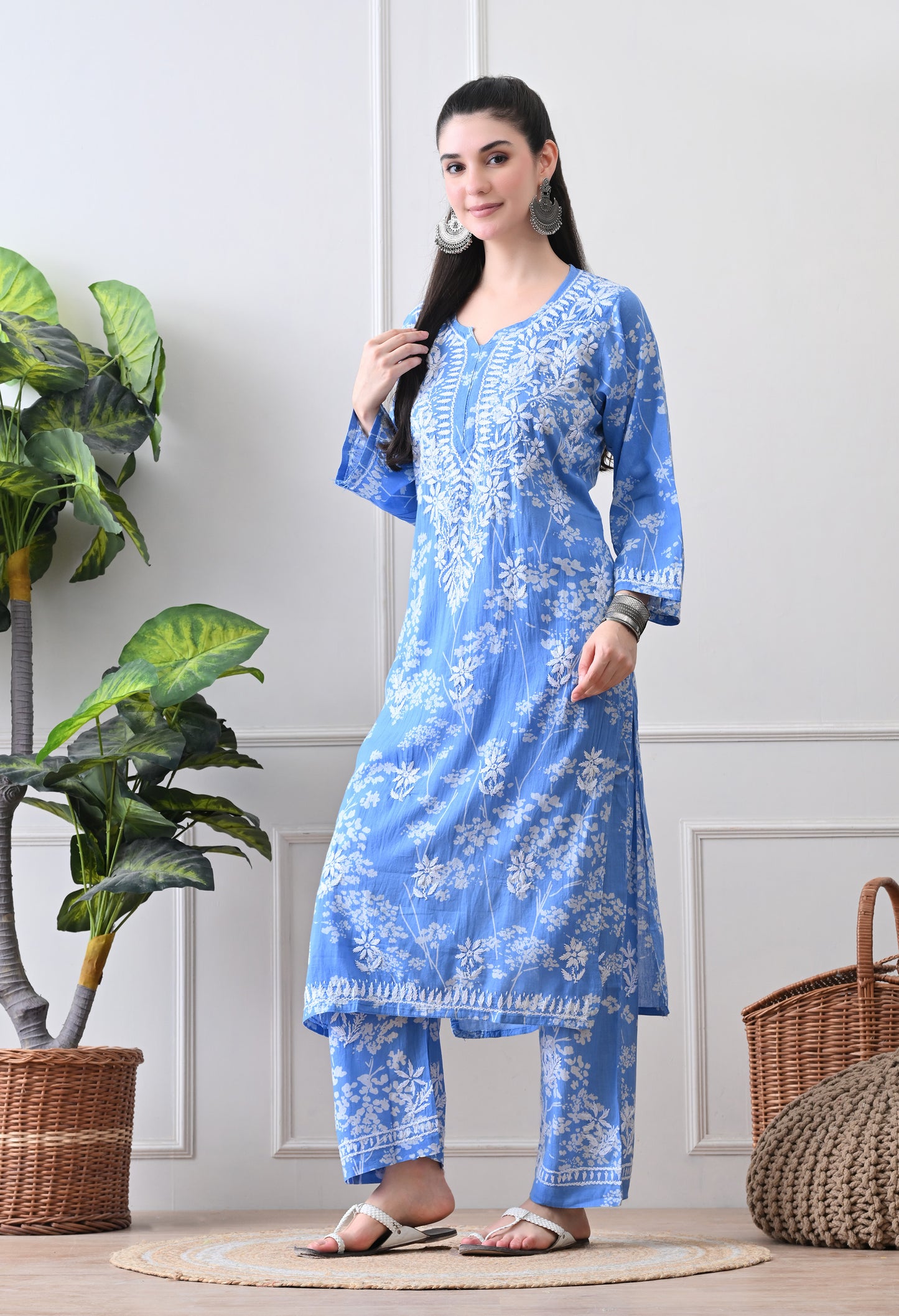 Hand Embroidered Chikankari Mulmul Plazo Set – Floral Blue Delight
