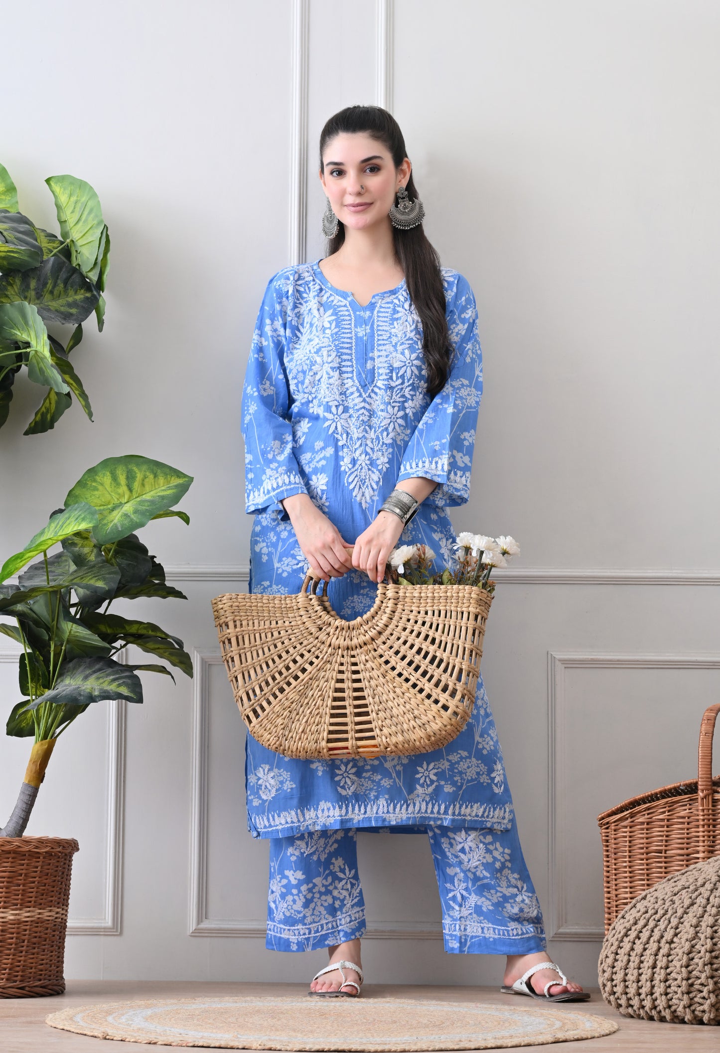 Hand Embroidered Chikankari Mulmul Plazo Set – Floral Blue Delight