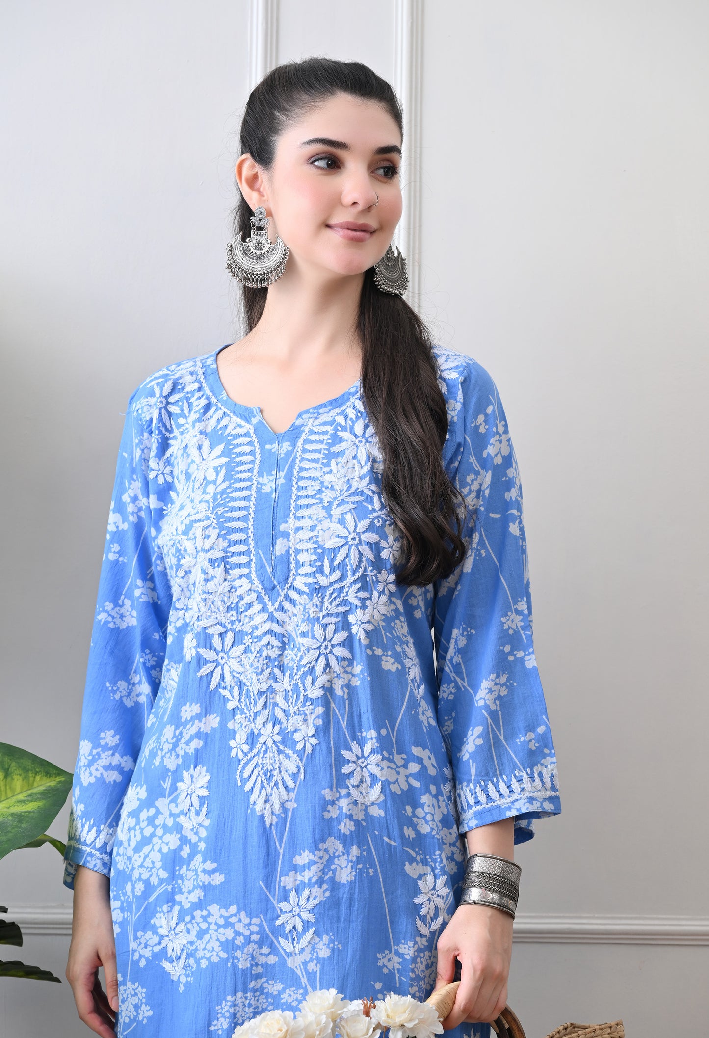 Hand Embroidered Chikankari Mulmul Plazo Set – Floral Blue Delight