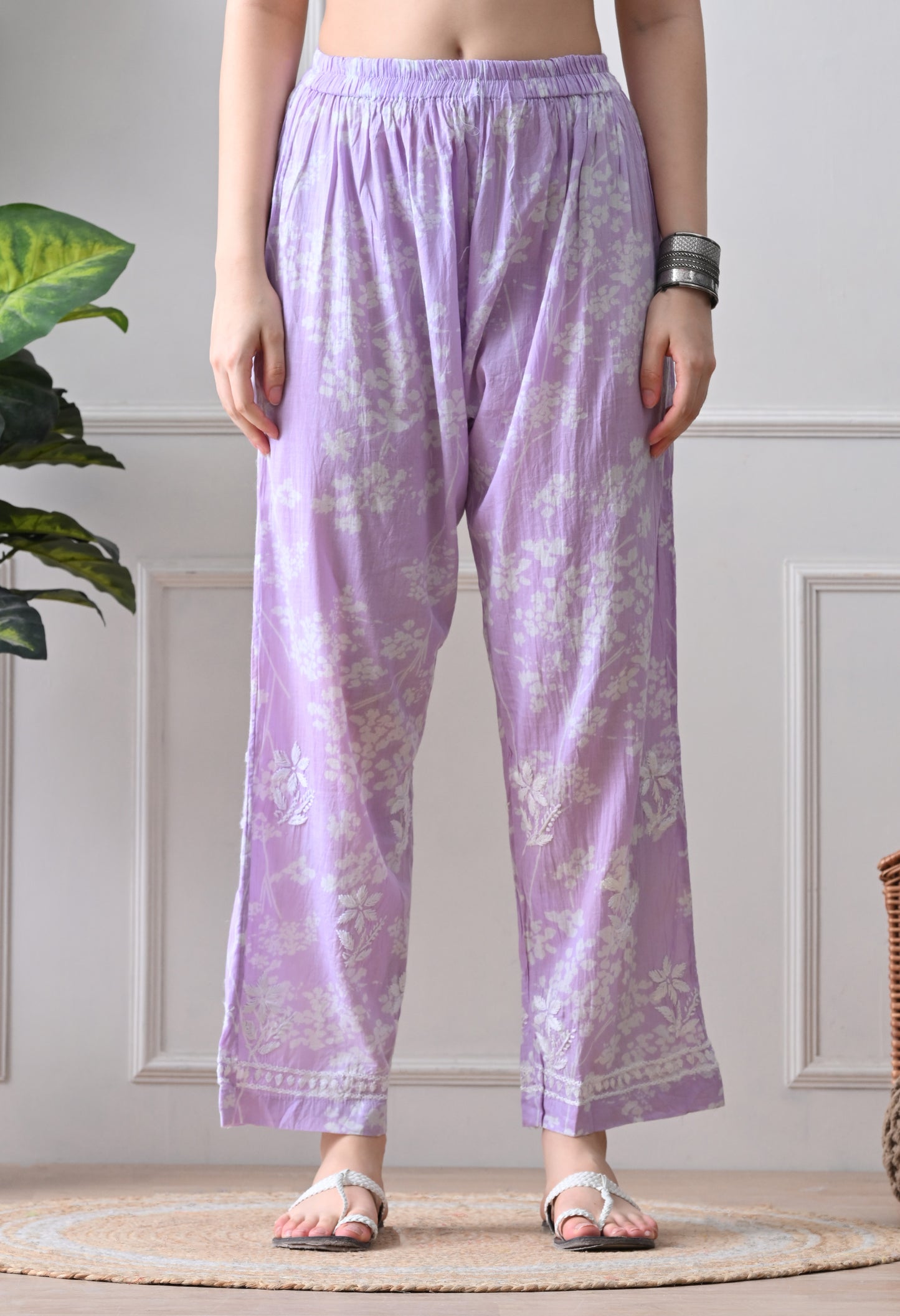 Hand Embroidered Chikankari Mulmul Plazo Set – Floral Lavender Delight