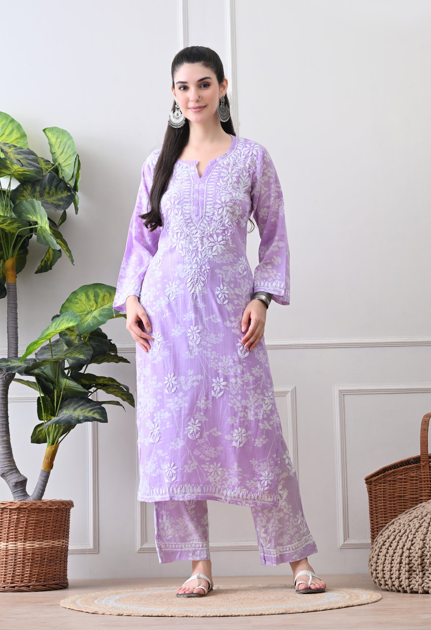 Hand Embroidered Chikankari Mulmul Plazo Set – Floral Lavender Delight