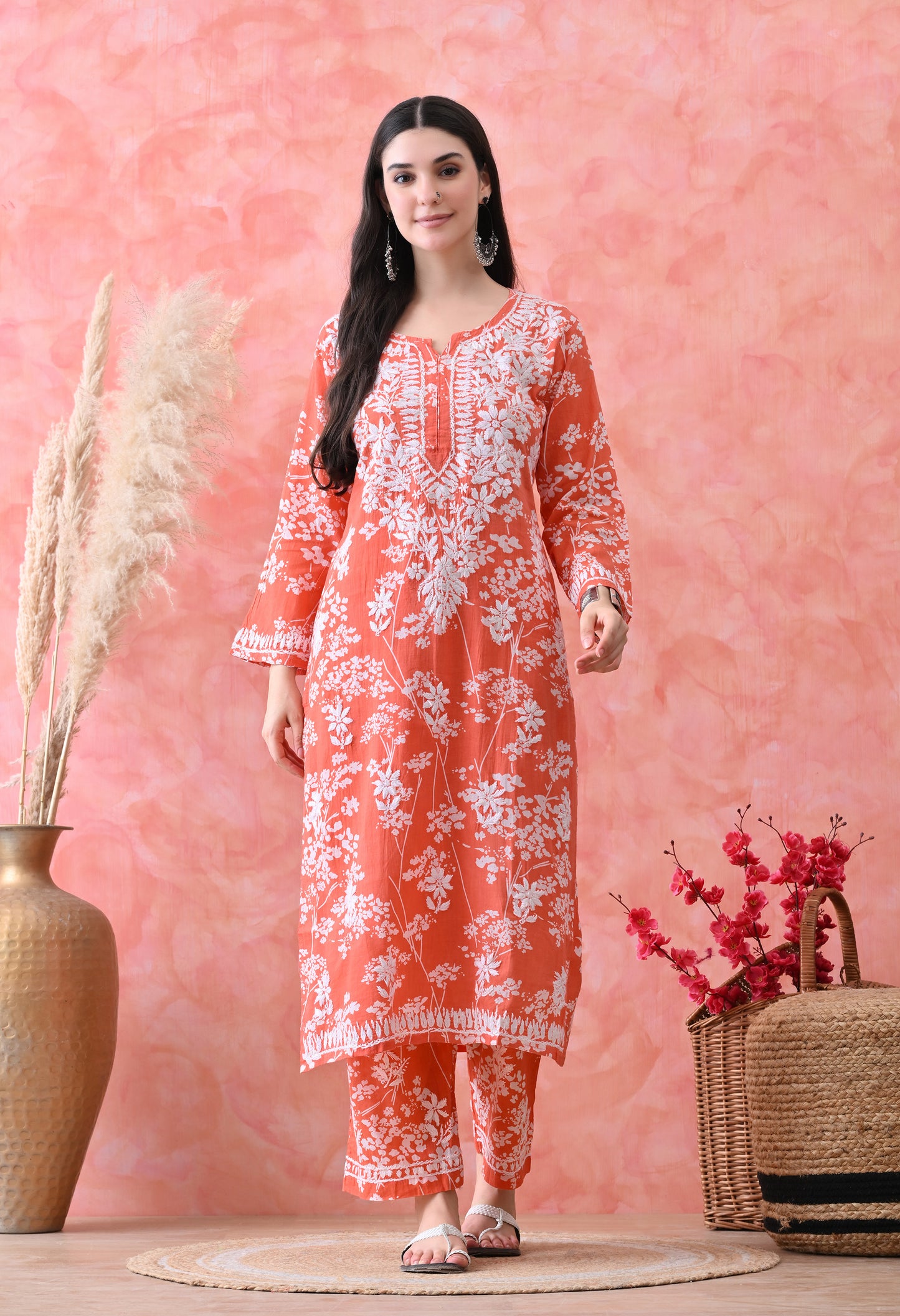 Hand Embroidered Chikankari Mulmul Plazo Set – Floral Delight Orange