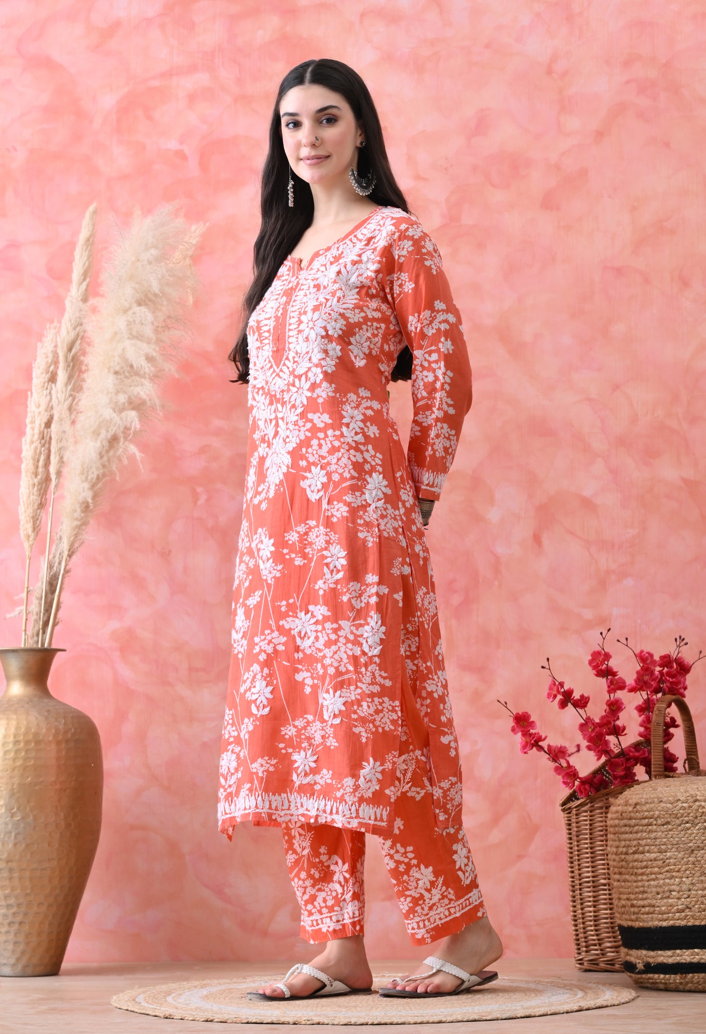 Hand Embroidered Chikankari Mulmul Plazo Set – Floral Delight Orange