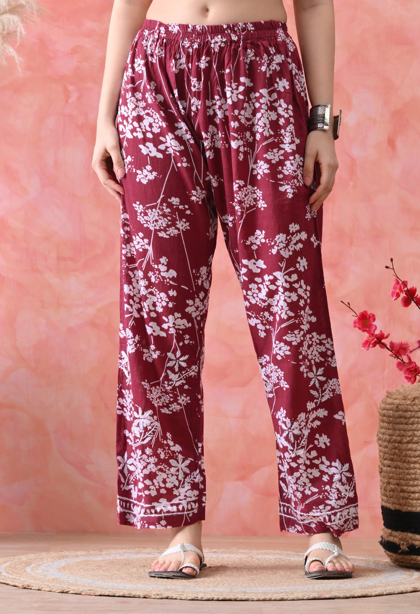 Hand Embroidered Chikankari Mulmul Plazo Set – Floral Delight Maroon