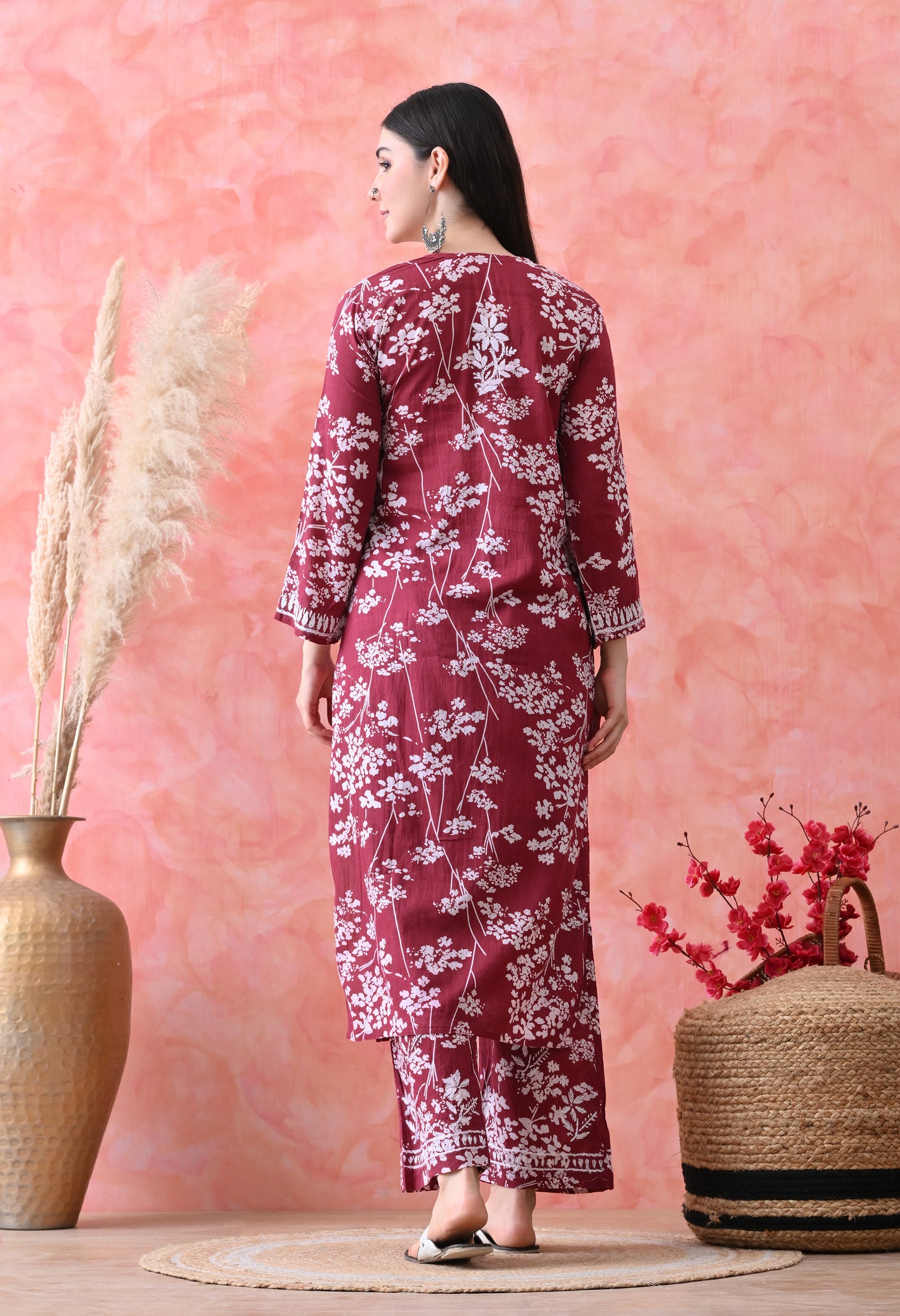 Hand Embroidered Chikankari Mulmul Plazo Set – Floral Delight Maroon